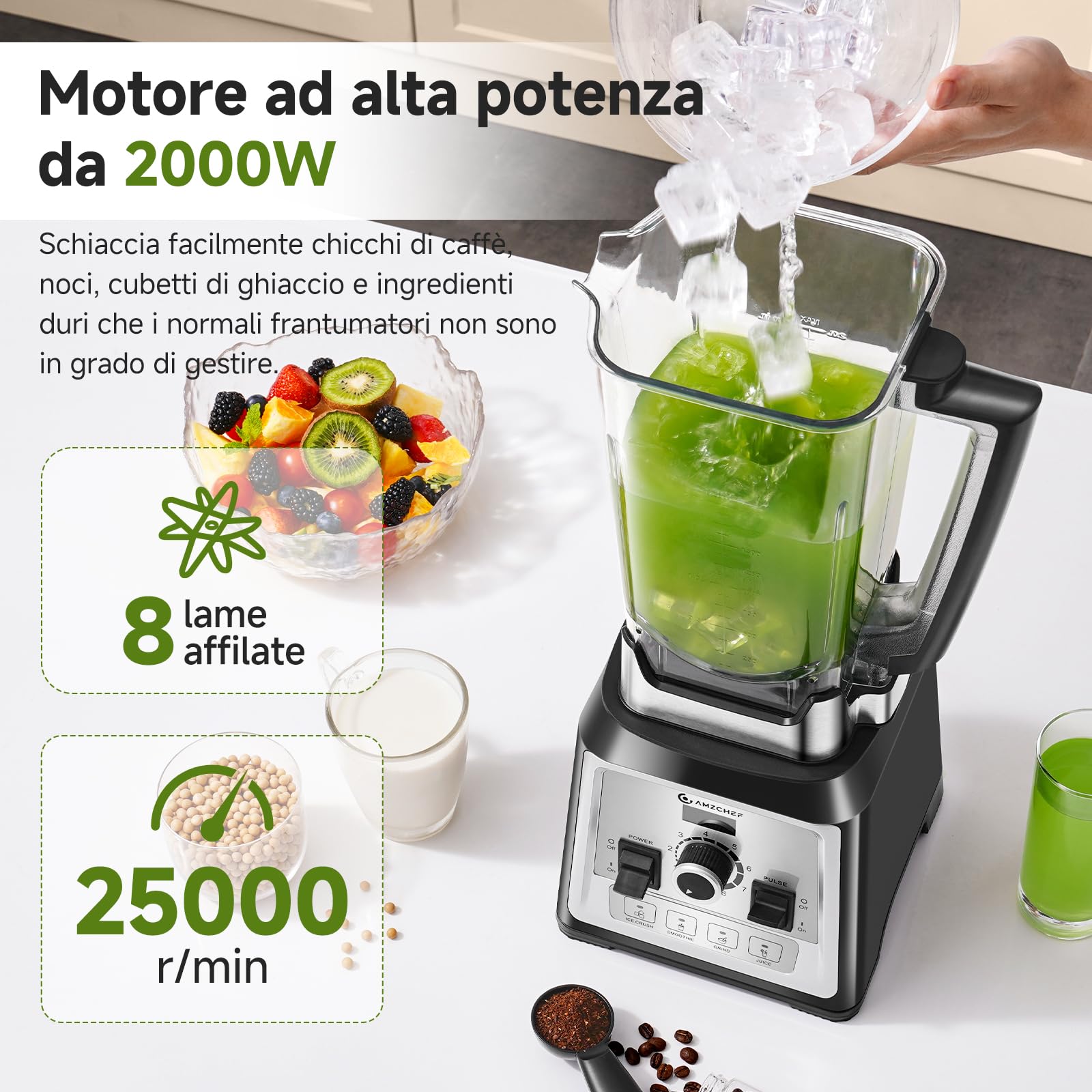 AMZCHEF Frullatore da 2000 Watt, 2 litri, frullatore potente con 8 velocità regolabili e 4 programmi preliminari per ghiaccio tritato, frullati, frullatore per carne, senza BPA