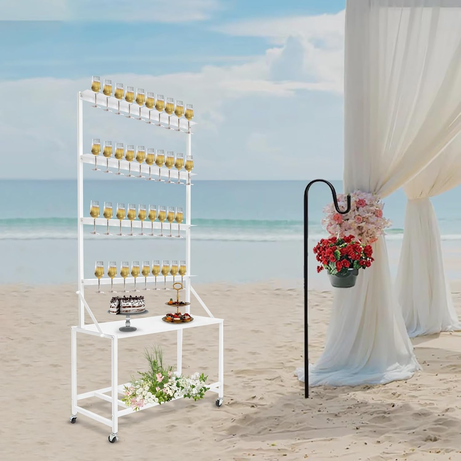 4-Tier Mobile Champagne Wall Holder, Metal Flute Display Holds 40 Glasses, Rolling Wine Tower with Storage Rack & Lockable Wheels for Weddings, Parties, Events