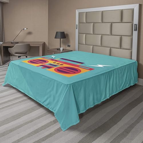 Lunarable Music Flat Sheet, Ghetto Blaster Audio Retro Boombox with a Long Shadow, Soft Comfortable Top Sheet Decorative Bedding 1 Piece, California