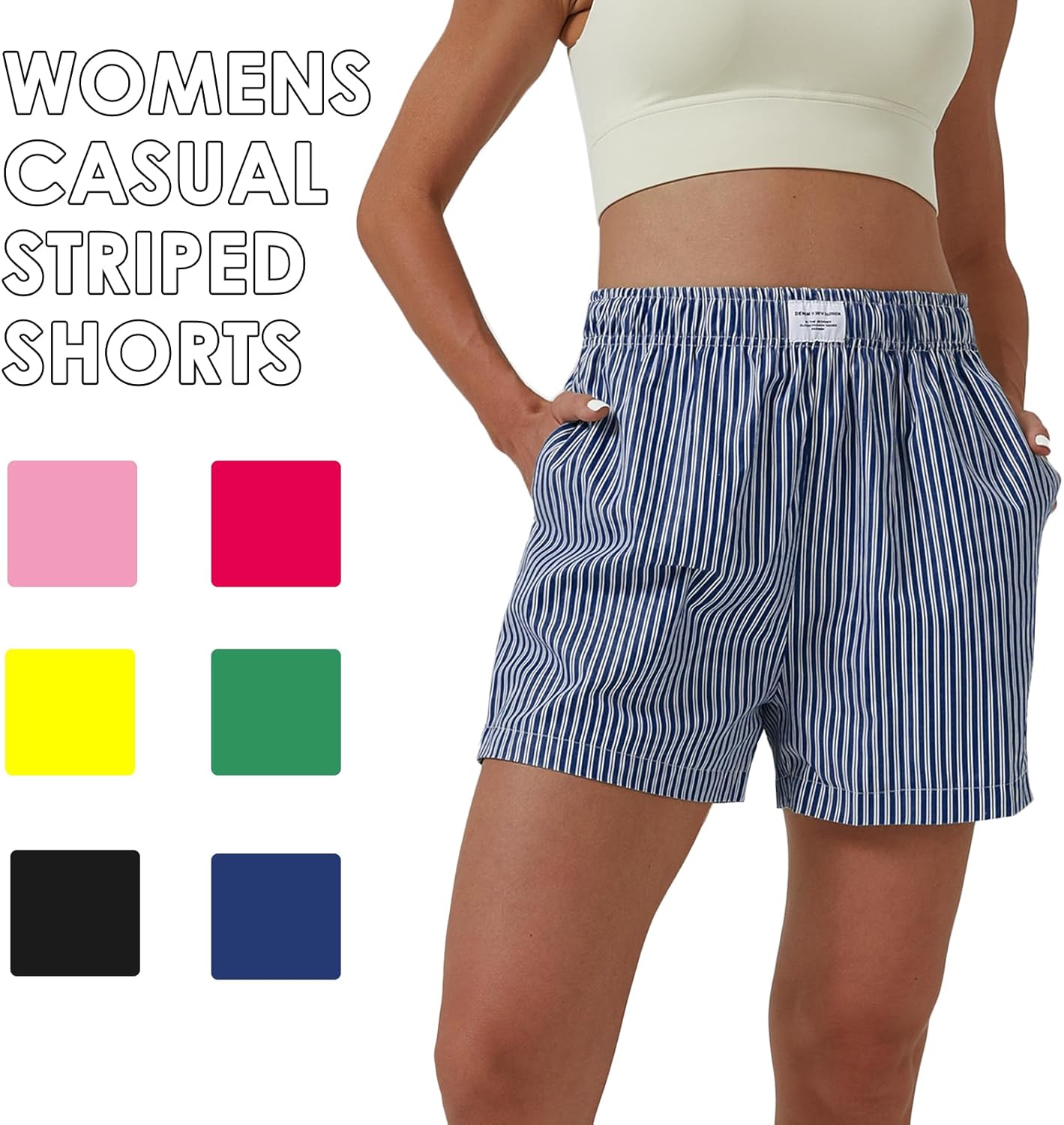 XinYangNi Women's Casual Striped Print Shorts Elastic High Waisted Straight Leg Bermuda Shorts with 2 Pockets - Image 2