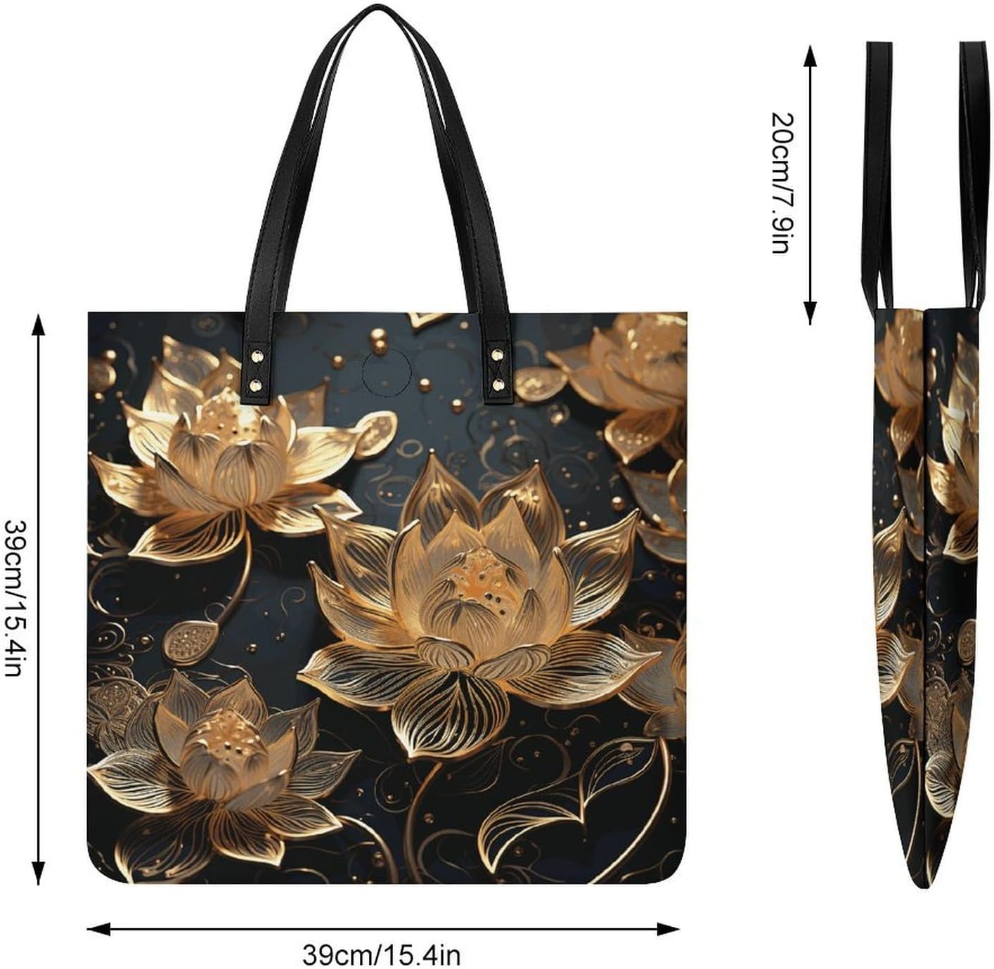 Boho Gold Lotus Flowers Handbags Large Capacity, Tote Bag Stylish Slouchy, Shoulder Bags for Work Beach Travel And Shopping Grocery.