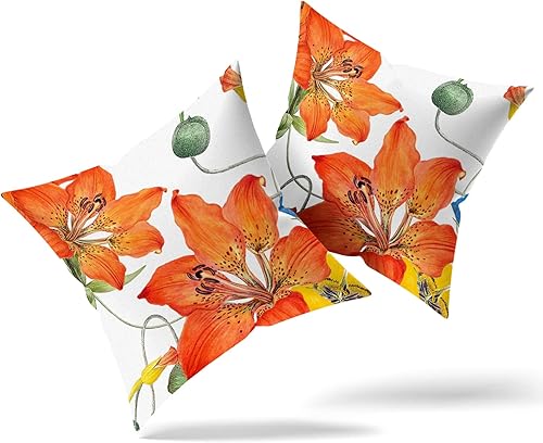 Miniatura 2 de Juego de 2 fundas de cojín de 18 x 18 pulgadas con estampado floral de azalea, naranja y verano, para decoración de exteriores, cuadradas, para
