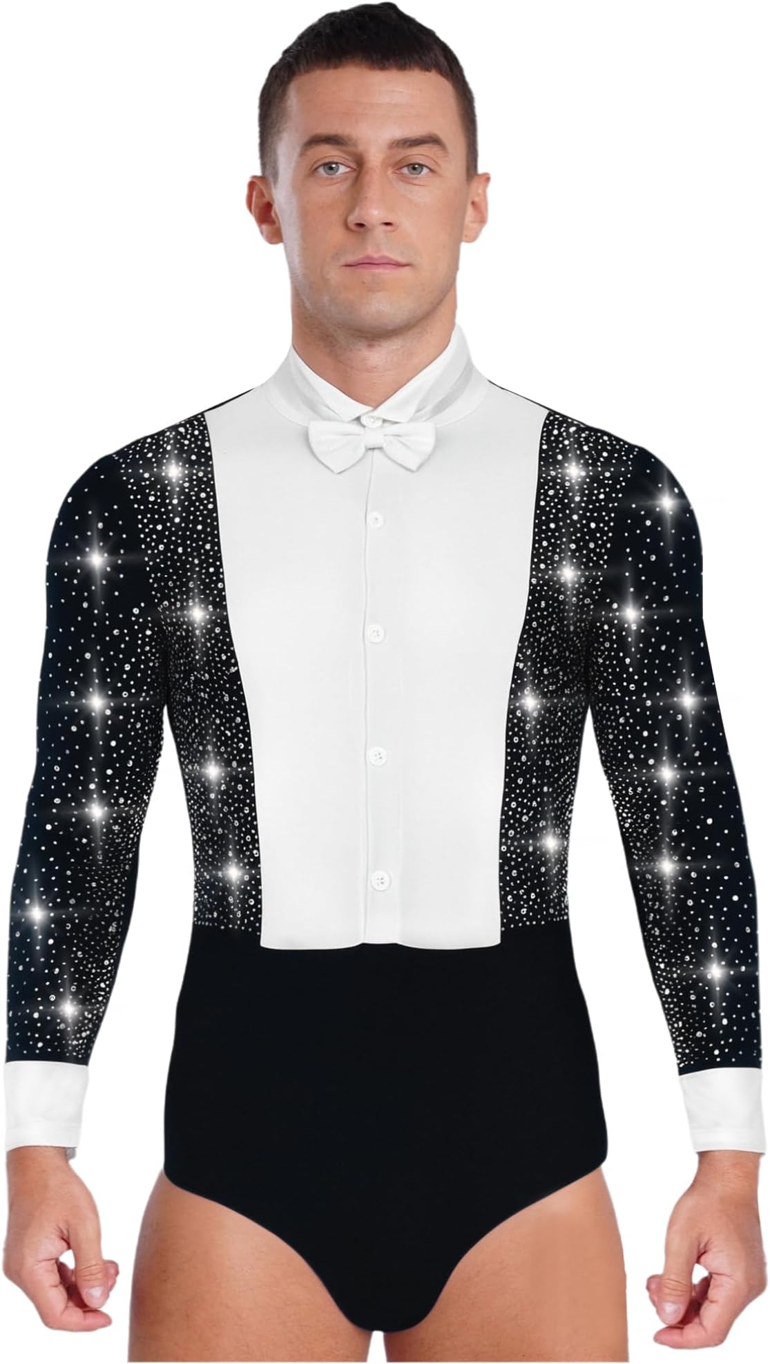 YiZYiF Men's Rhinestones Latin Dance Shirt Ballroom Leotard Long Sleeve Figure Skating Performance Dancewear