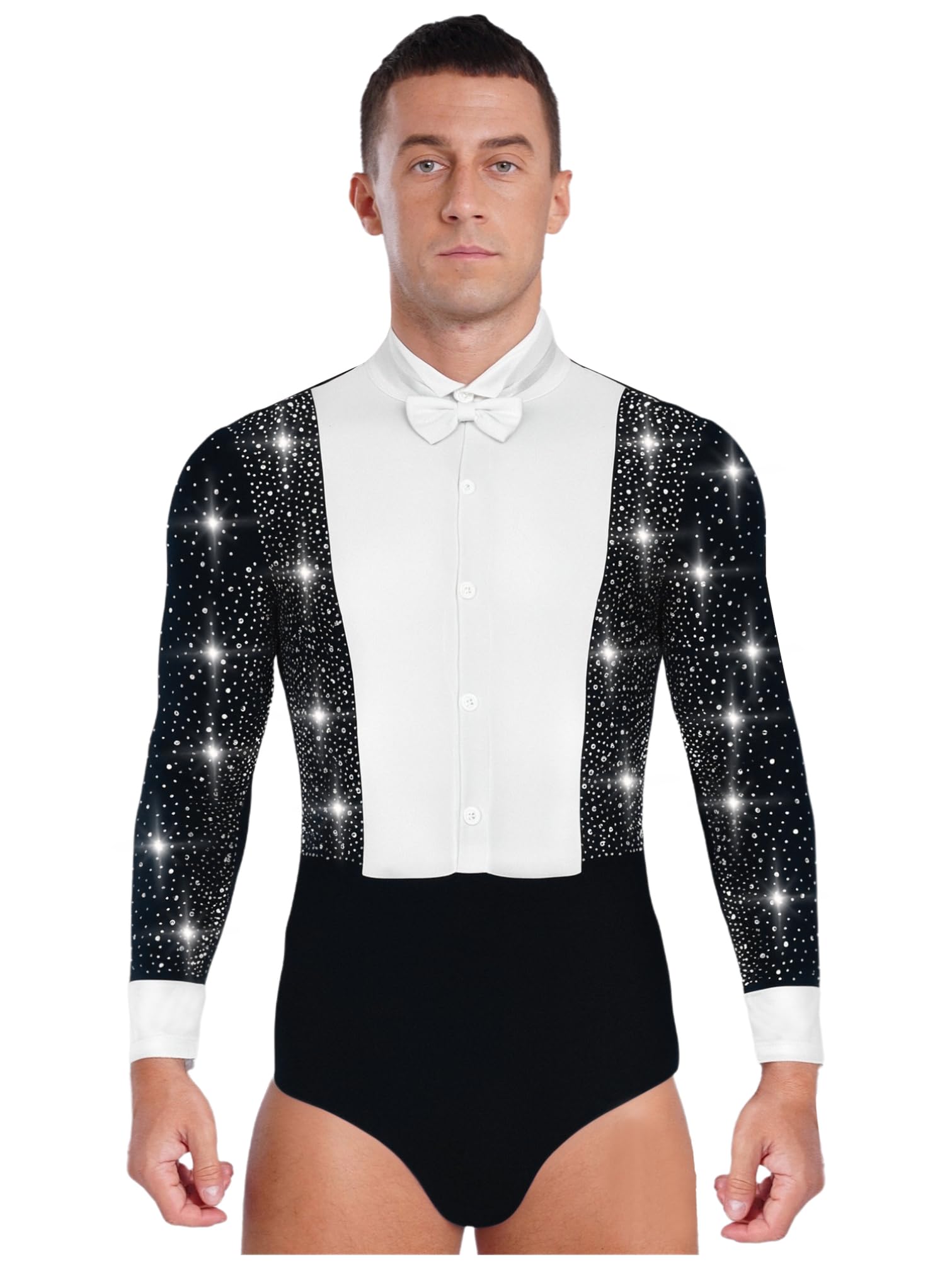 YiZYiF Men's Rhinestones Latin Dance Shirt Ballroom Leotard Long Sleeve Figure Skating Performance Dancewear
