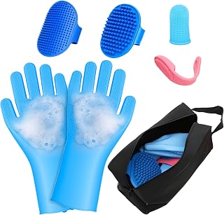 7PCS Pet Grooming Kit & Bath Supplies for Dogs, Cats - | Dog Washing Gloves | Dog Bath Brush | Cleanroom Gloves | Dog Shampoo Brush | Finger Toothbrushes | Storage Bag (Blue)