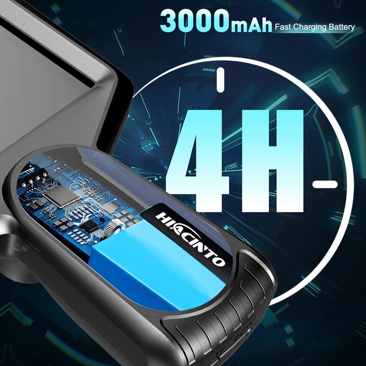 Diagram showing the 3000mAh battery and 4 hours of operating time