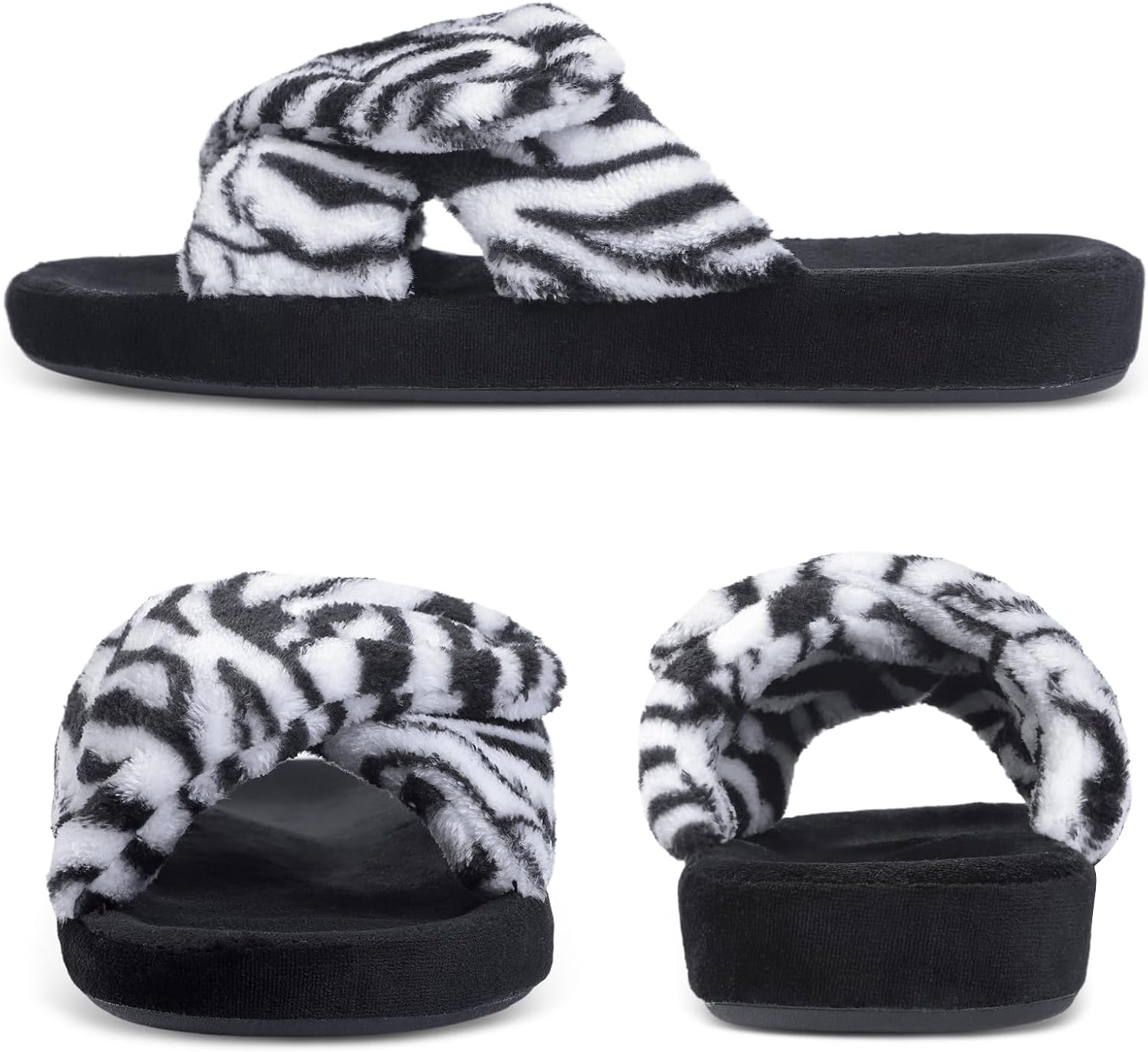 Git-up Women's Adjustable Diabetic Slippers Memory Foam House Shoes Cozy Arch Support Orthotic Heel Cup Arthritis Edema Slippers Non Slip Rubber Sole, Open Toe Fuzzy Slide Sandals for Ladies