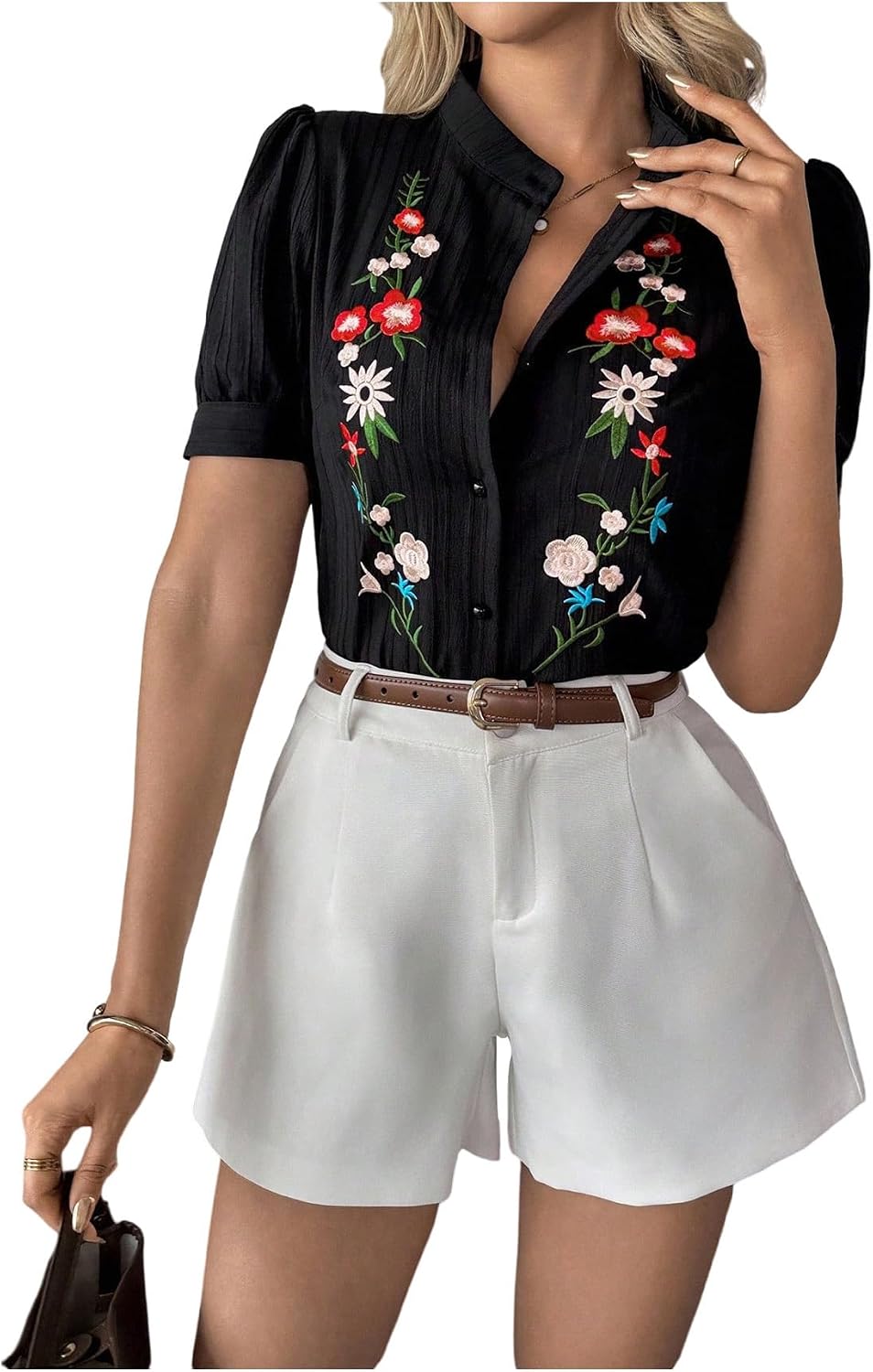 Floerns Women's Floral Embroidery Button Down Shirts Puff Sleeve Dressy Casual Blouse Top