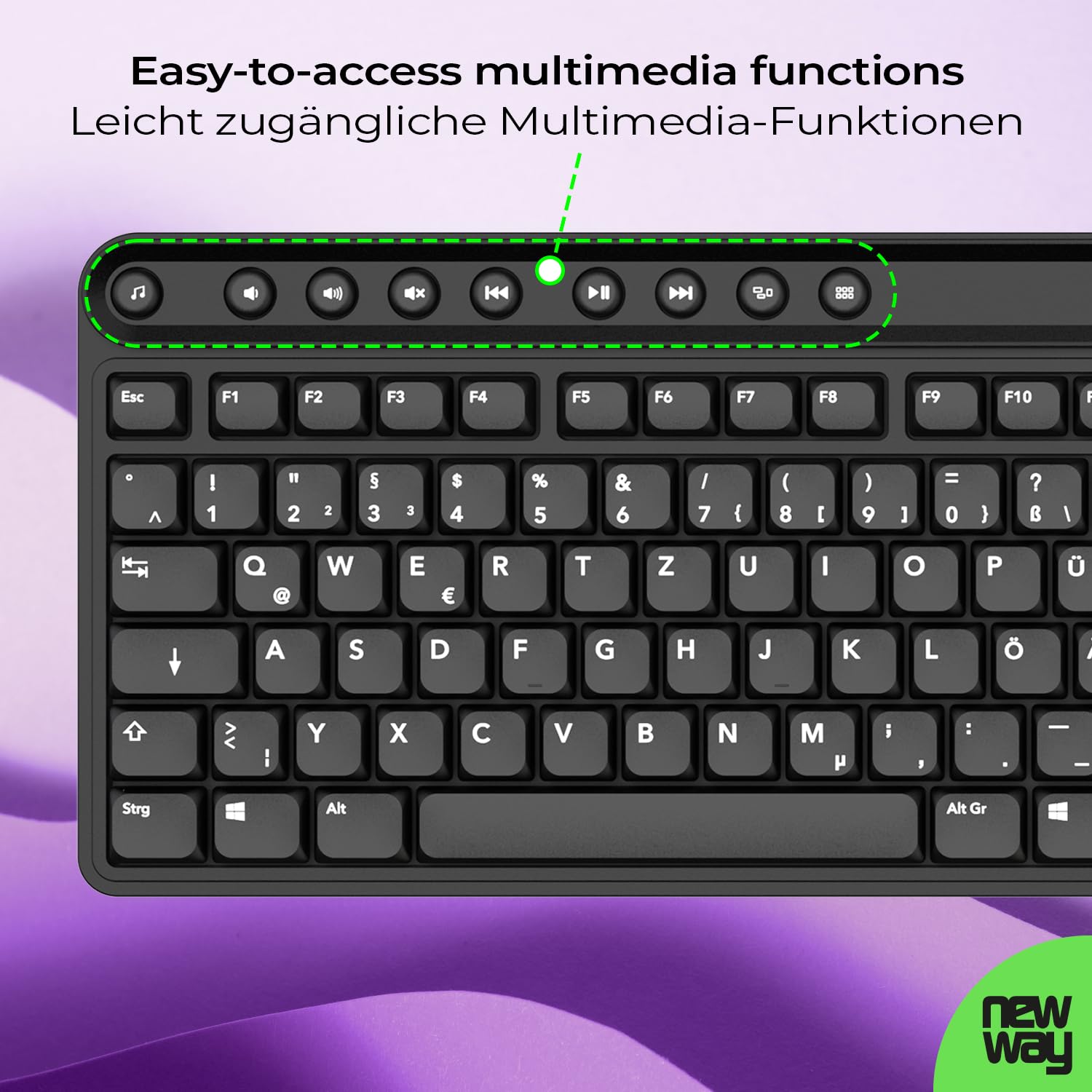 NEWWAY NKMP252 – Teclado inalámbrico ratón Set 2,4 GHz – QWERTZ alemán – teclas silenciosas, 14 teclas multimedia, ratón ergonómico ligero de 6 botones, alfombrilla de ratón incluida, batería de larga