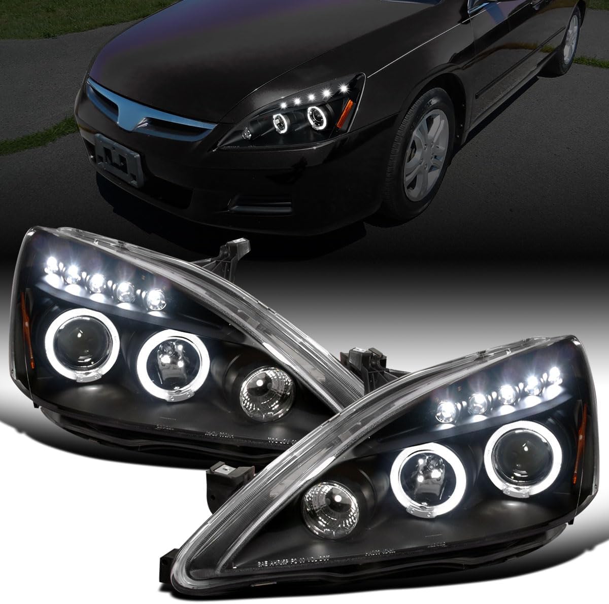 Ronnin - Fits 2003-2007 Honda Accord 2Dr Coupe 4Dr Sedan LED Dual Halo Rims Running Lights Projector Headlights Assembly Pair | Black