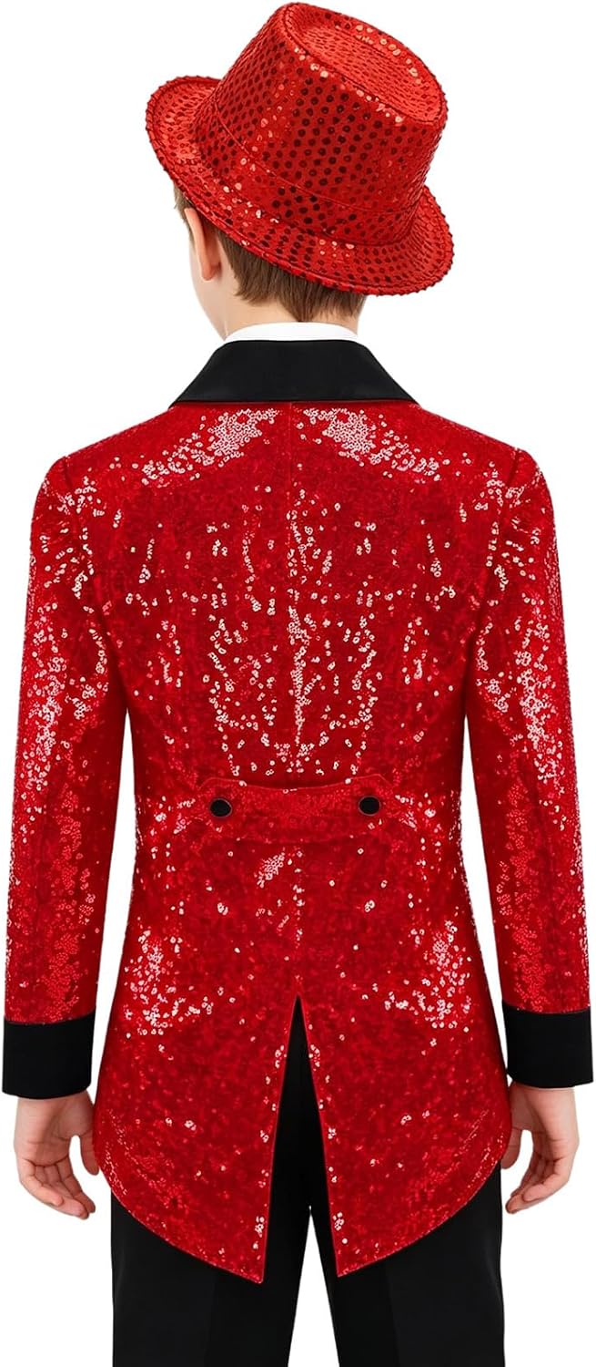 Moily Kids Tuxedo Jacket Circus Magic Shows Dancing Coat Formal Blazer for Party Prom Magician Role Play Set Red 14 Years