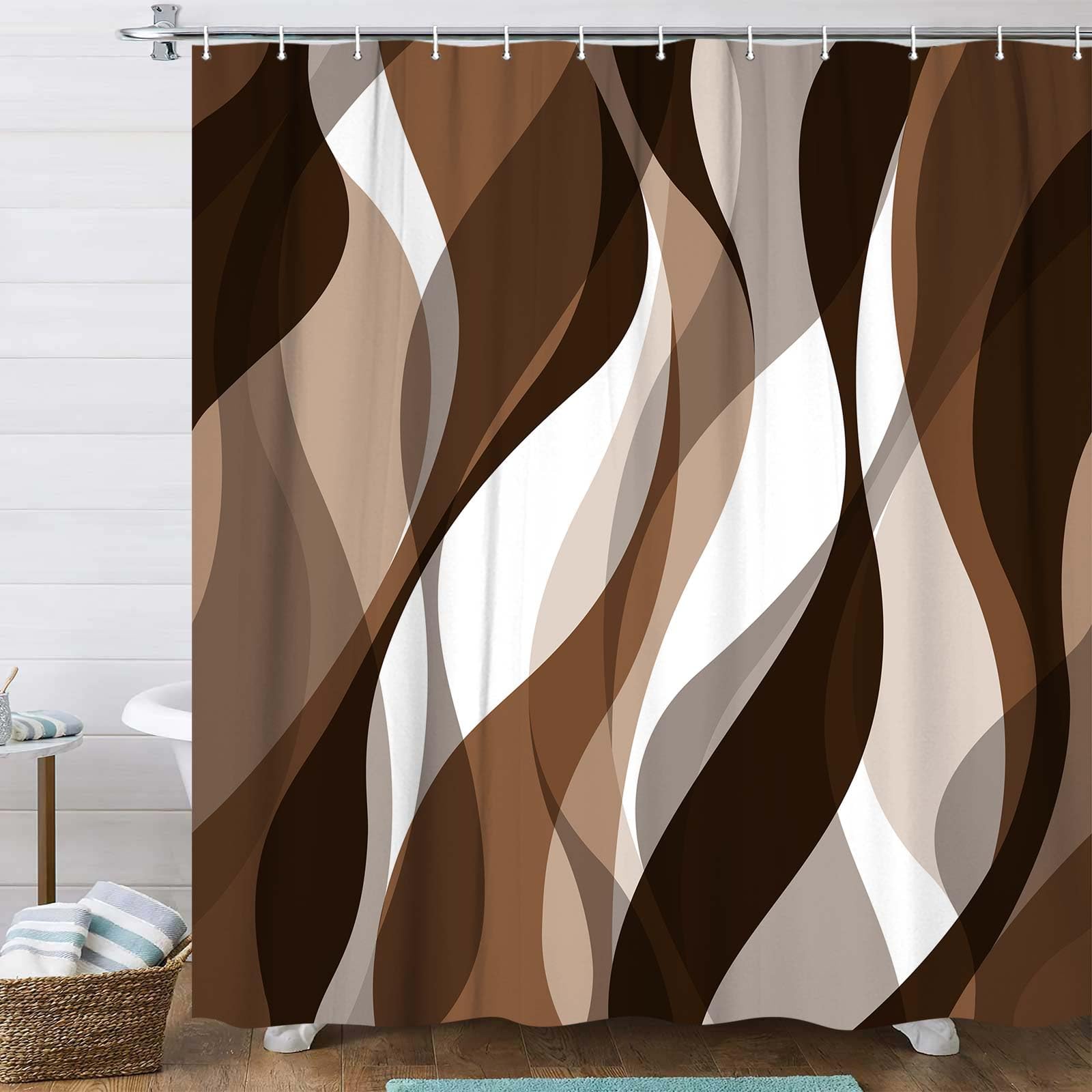 Rideau de douche marron 105x160cm en polyester imperméable à rayures avec 12 crochets