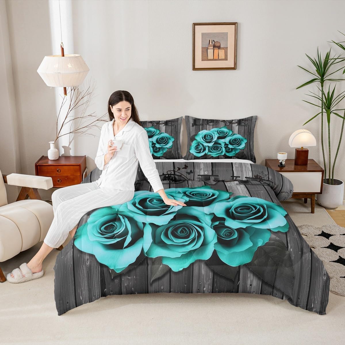 Turquoise Grey Bedding Set Teal Rose Flowers Comforter Set King For Girls Men Women Valentine'S Day Wedding Comforter Gifts For Couple Lover,Country Rose Floral Quilt Duvet Insert 2 Pillow Cases
