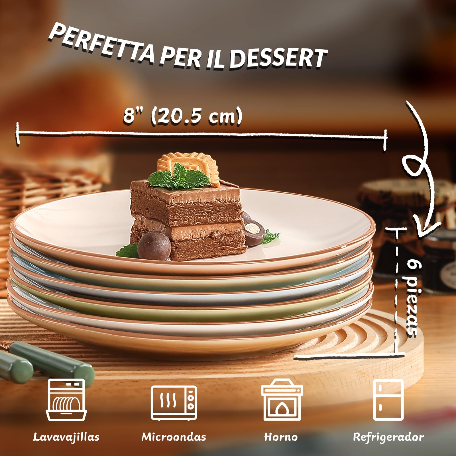 AHX Platos Postre Colores Plato Ceramica - Juego de 6 Platos para Ensalada en Estilo Multicolor - Set Platos de Desayuno - Platos Llanos Pequeños para Servir Aperitivos | Postres | Ensaladas - 20 cm
