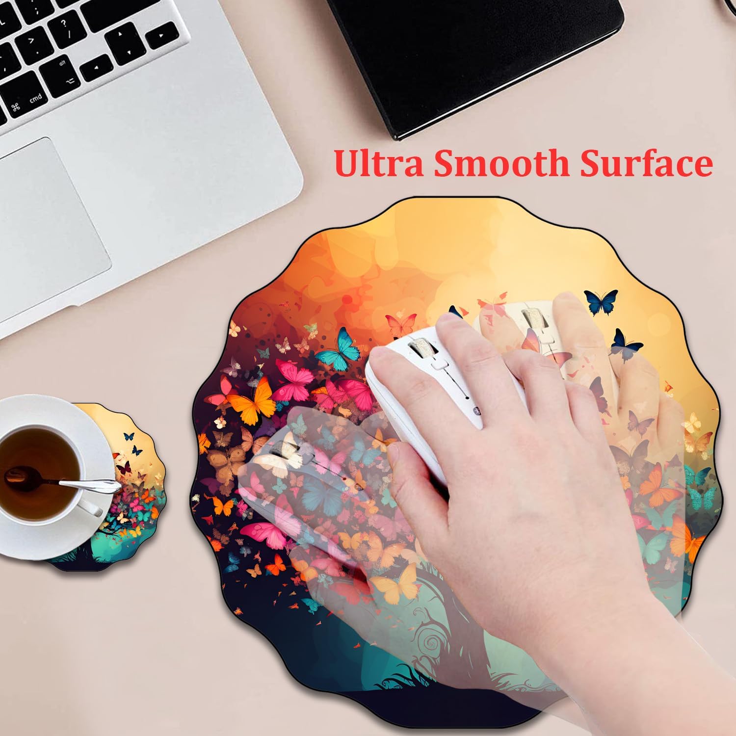 Stylish Lace-Shaped Mousepad and Coaster Set Design, 7.9x7.9 inch Non-Slip Rubber Base Mousepad,Suitable for Laptop, Games, Office and Home, Colorful Tree Butterfly image 4