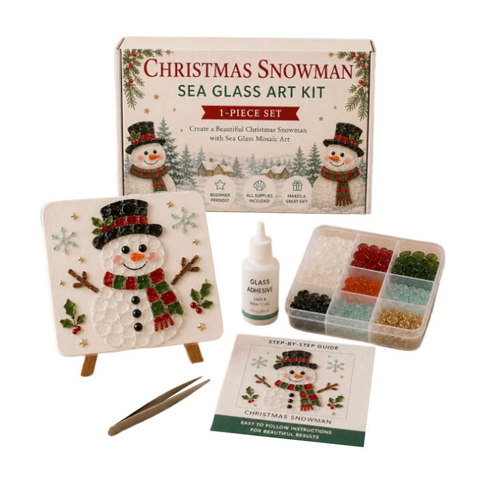 DIY Sea Glass Mosaic Art Kit, Christmas Sea Glass Art Kit with Colorful Glasses Pieces, Santa Tree Reindeer Snowman (Snowman)