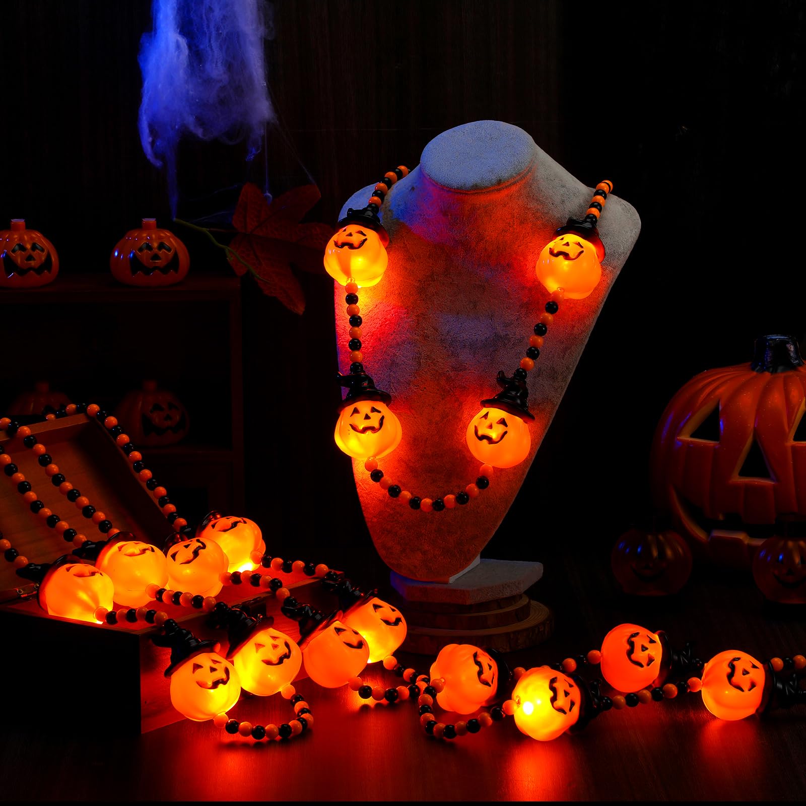 Ecally 6 Pieces Light Up LED Bead Orange Pumpkin Necklaces 3D Halloween Party Favors for Treat Decorations Trick Costume Accessory