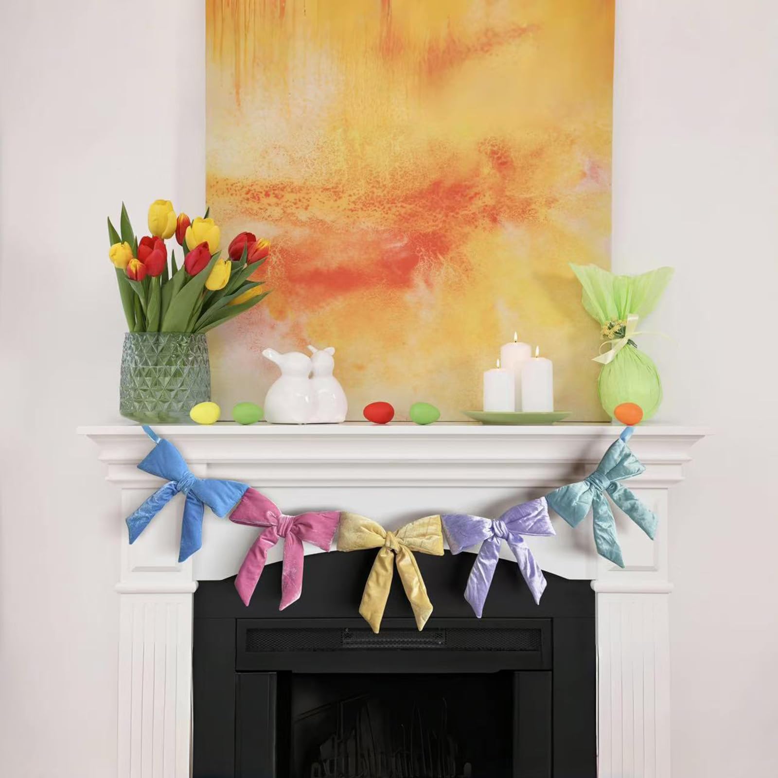 Banderines de terciopelo de 152 cm con lazo listos para colgar para festivales, temporada de primavera, hogar, chimeneas, escaleras, decoración, banderines de Pascua