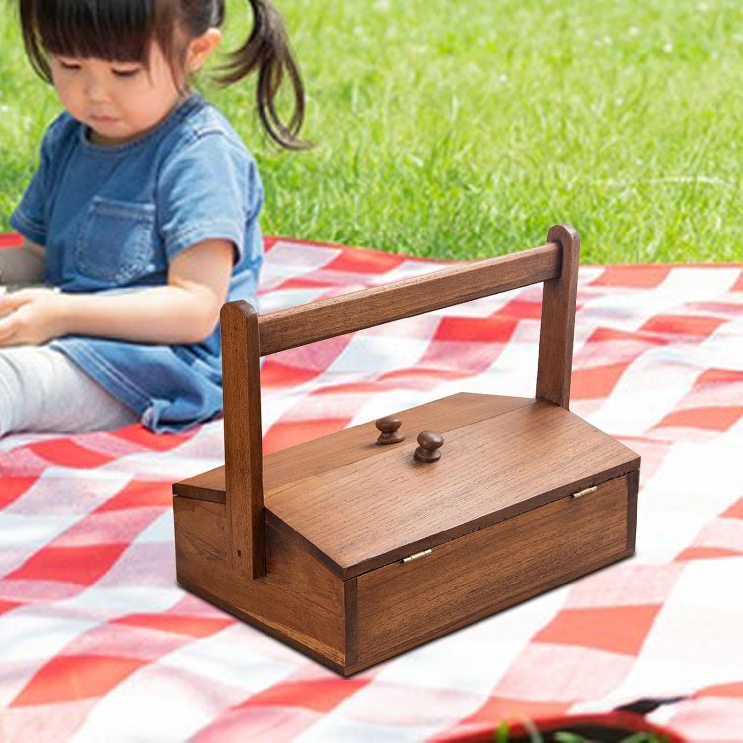 Folpus 木製ピクニックバスケット ハンドル付き ギフトパッキングバスケット 多目的食品収納オーガナイザー ホームデコレーション