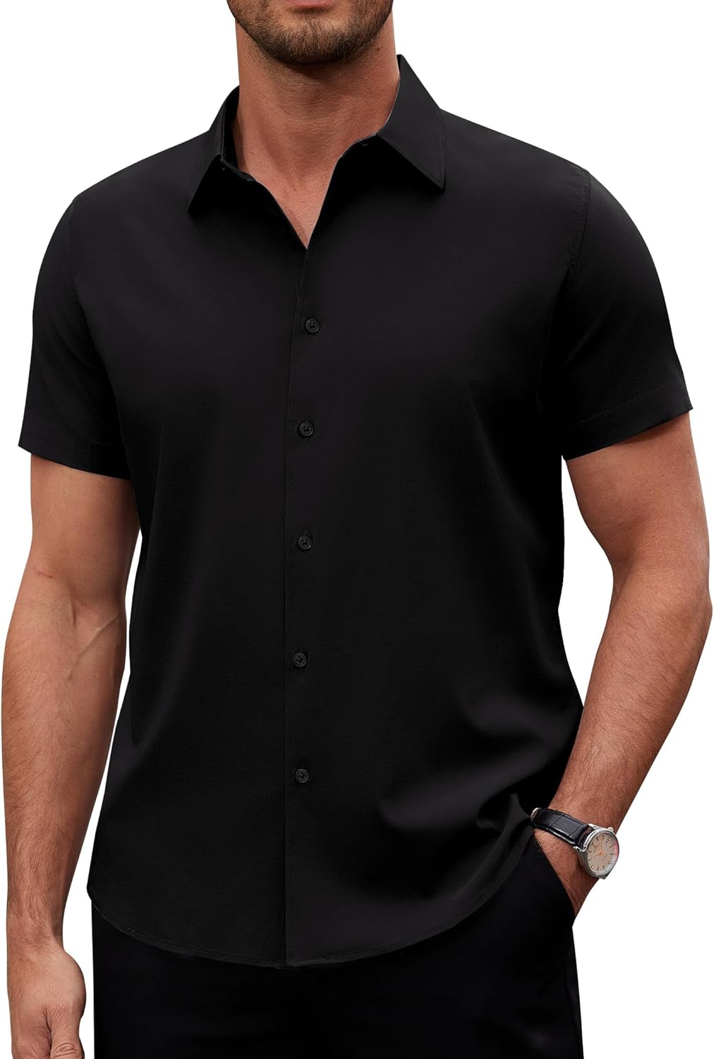 Alimens & Gentle Men's Short Sleeve Dress Shirts Stretch Regular Fit Shirt Casual Button Down Business Shirts