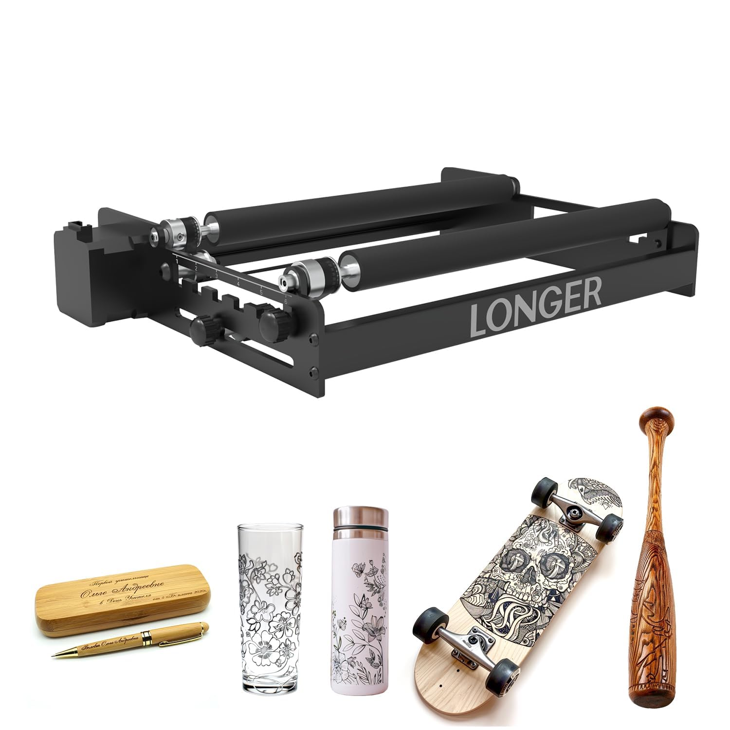 LONGER Rotolo Rotante per Incisione Laser, Rotolo Rotante Asse Y a 360° per Incisione Laser su Oggetti Cilindrici come Bicchieri, Lattine, Tazze, Bottiglie, Regolabile da 6 a 200mm di Diametro