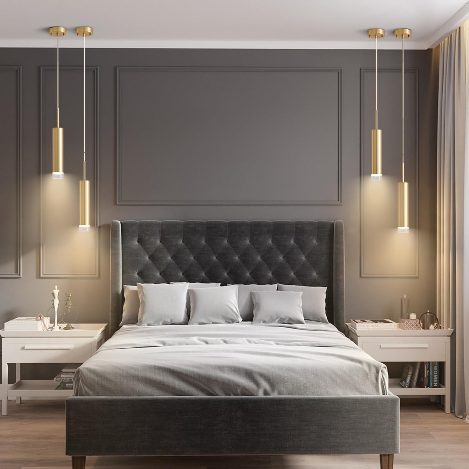 KCO Lámpara Colgante de Tubo Largo con LED Dorado Industrial, Lámpara Colgante de Cilindro en Miniatura de Latón Cepillado de Mediados de Siglo Para Isla de Cocina