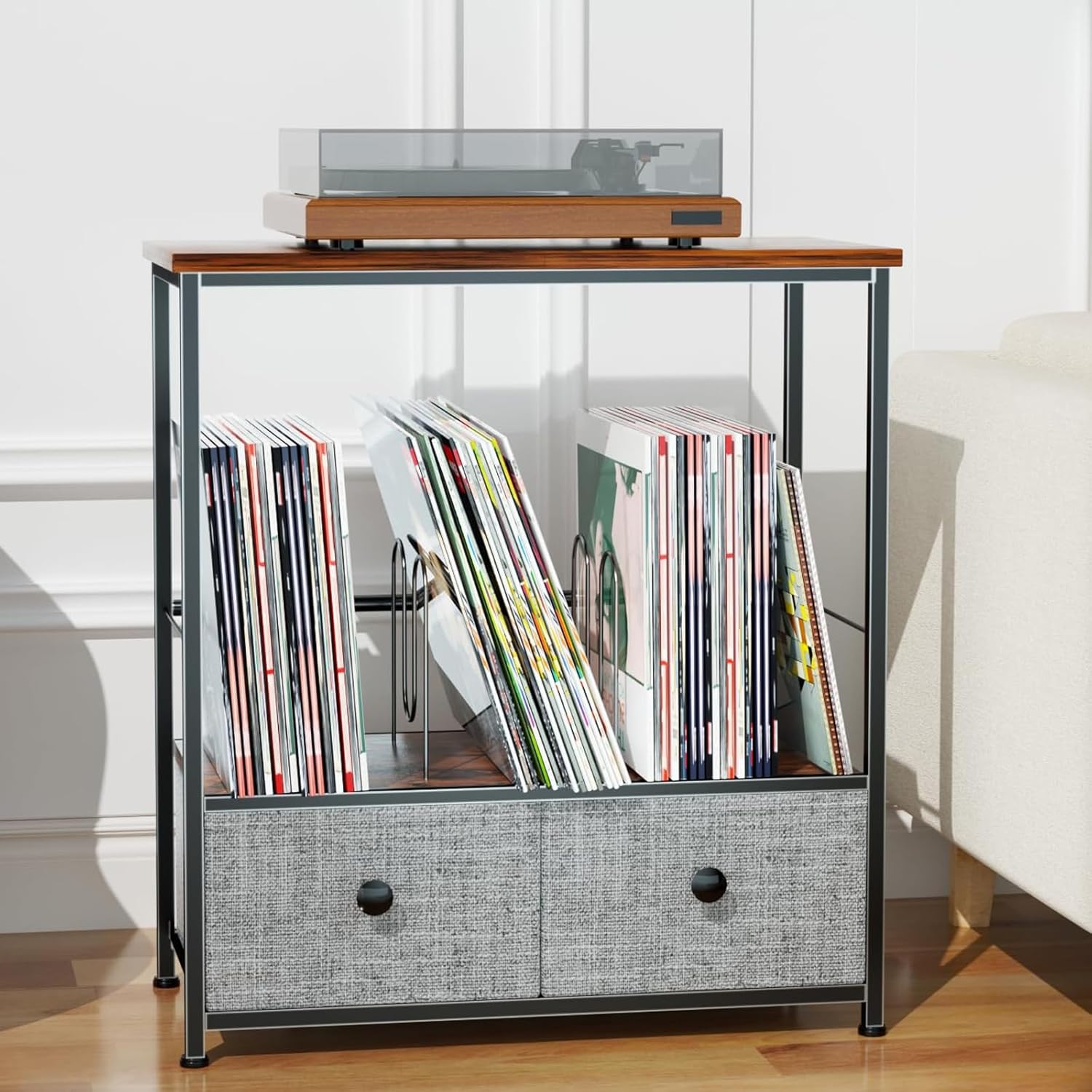 DALEMHOME Record Player Stand with Vinyl Storage, 2-Tier Record Shelf Table with Fabric Drawer, Holds Up to 110 Vinyl Records, Record Player Table for Turntable and Albums, 23.62"D × 11.81" W× 25.59"H