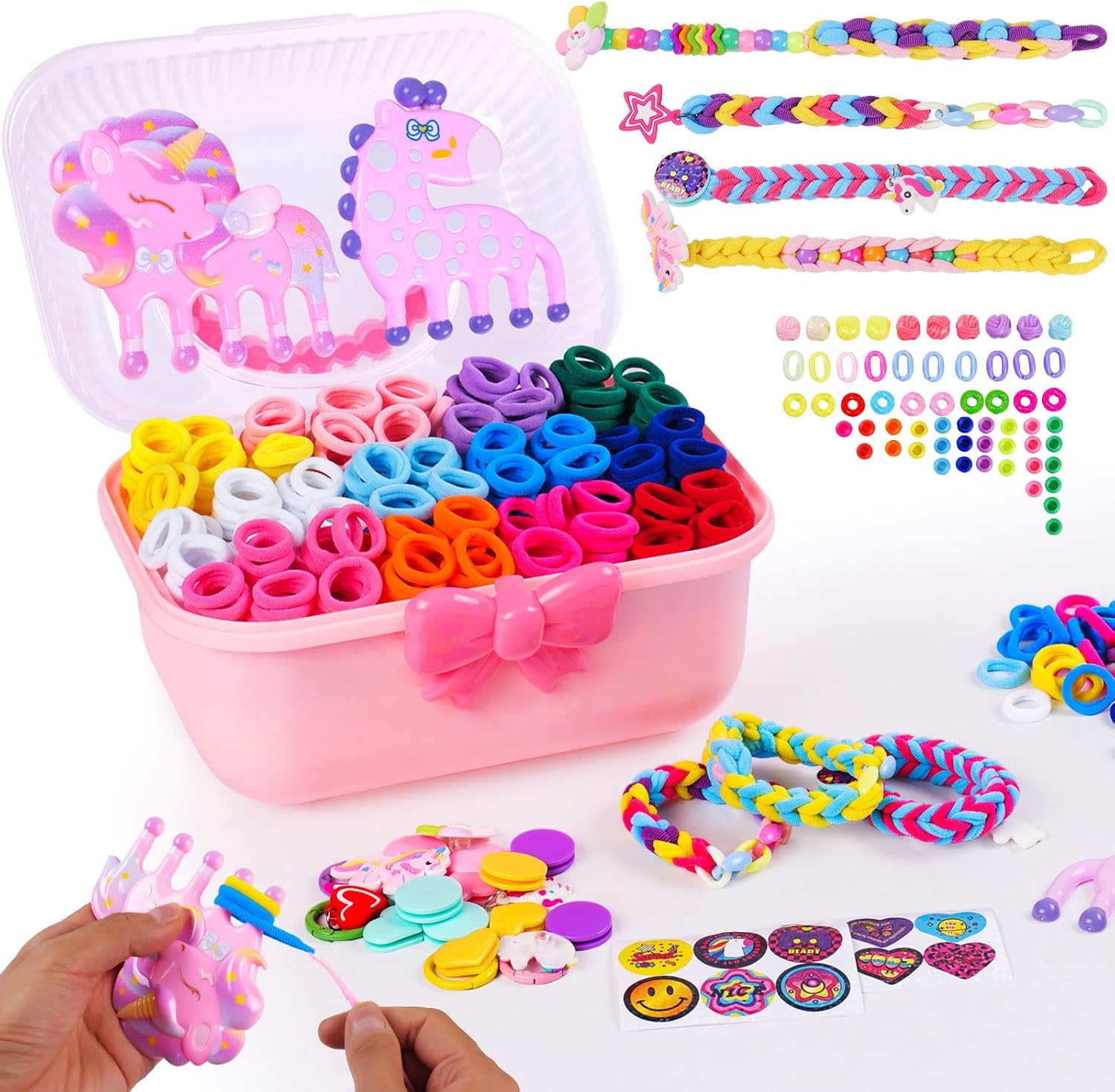 DIY Bracelet Making Kit for Kids Age 6+ Years Old, Kids Art and Craft Kit, 1200+ Colorful Hair Ties Rubber Band Bracelet Make Toy with Unicorn Giraffe Weaving Comb, Organizer Case, Gifts for Girls