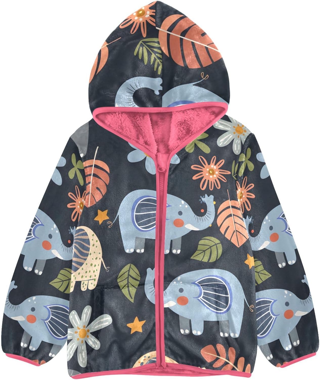 ALAZA Little Elephant and Stars Hoodie Jacket for Girls Toddler Fleece Zip Up Coat Plush Jacket Outerwear for 3 Years