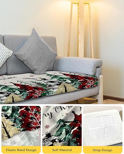 Miniatura 4 de Christmas Tree Couch Cushion Covers, Stretch Sofa Cover with Elastic Bottom, Merry Christmas Xmas Tree Snowflake Rustic Sofa Slipcovers Protector