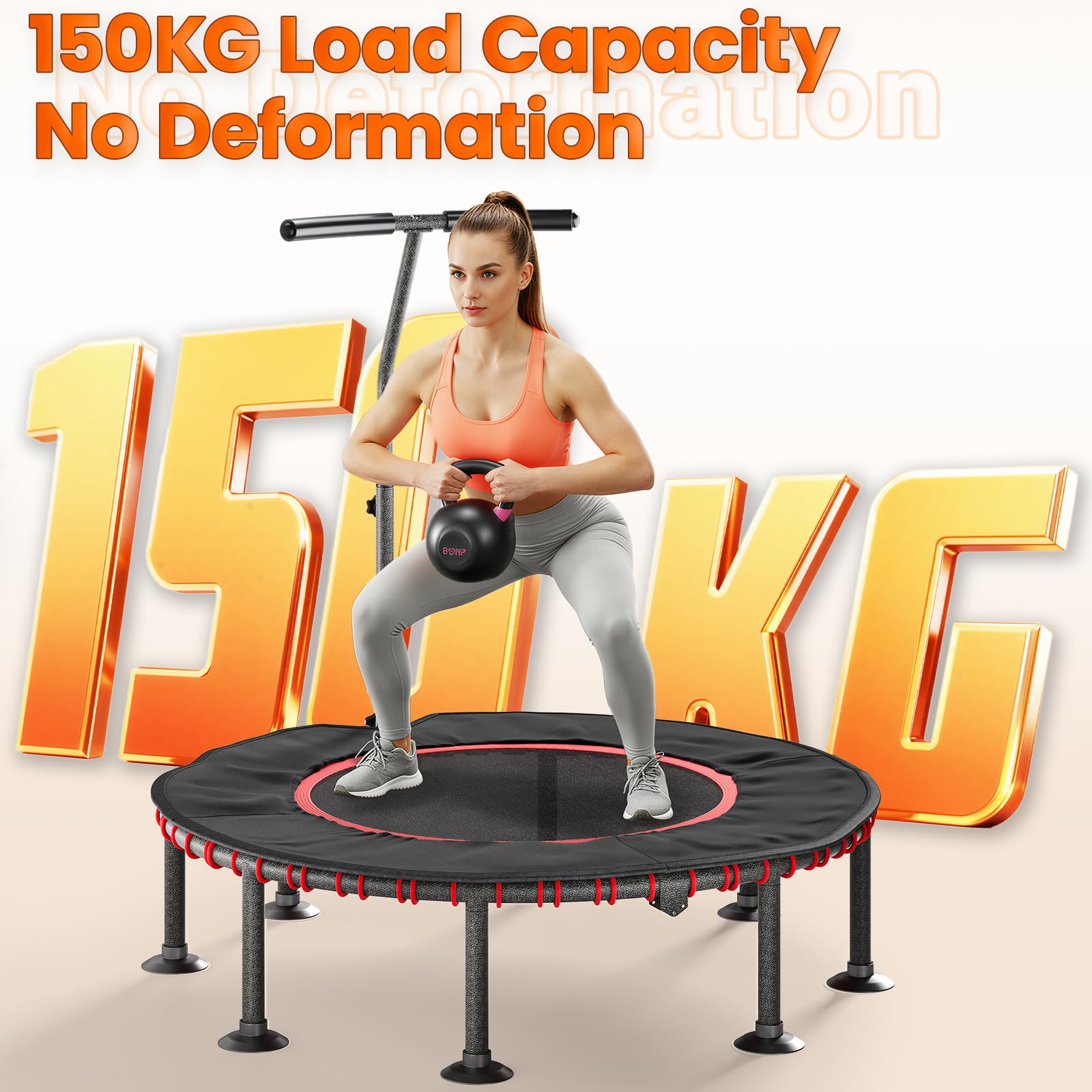 LIFERUN Trampolina fitness do użytku wewnątrz Ø 102/122 cm, mini gumowe linki, trampolina, udźwig 150 kg, wyściełany pokrowiec ochronny, regulowany uchwyt, dla dorosłych, stabilna, cicha, do domu