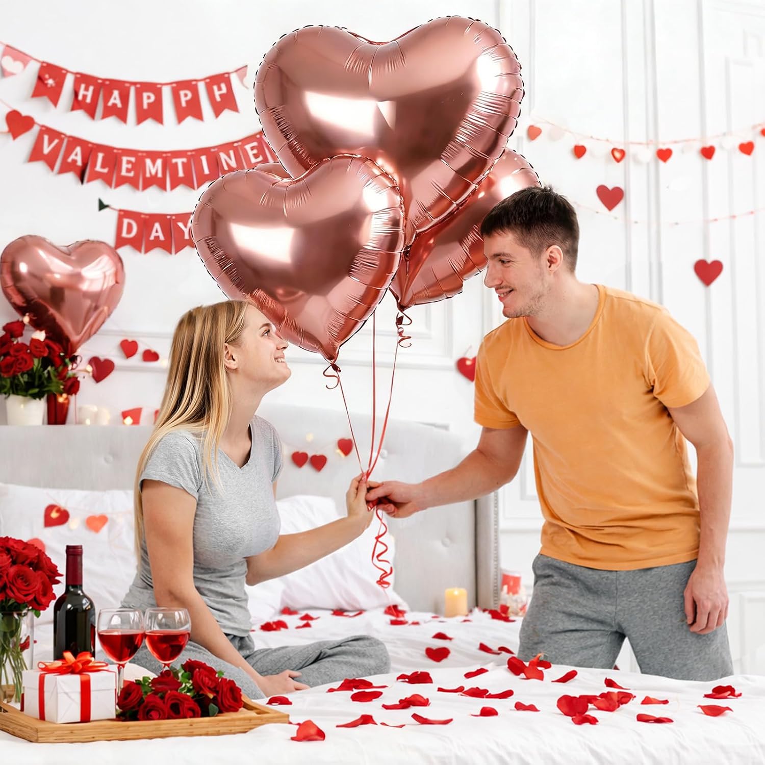 4 Pieces 32 Inches Rose Gold Heart Love Balloons, Extra Large Foil Mylar Heart Shaped Balloon for Valentines Day, Anniversary, Wedding, Engagement, Proposal, Bachelorette Bridal Shower Party Supplies