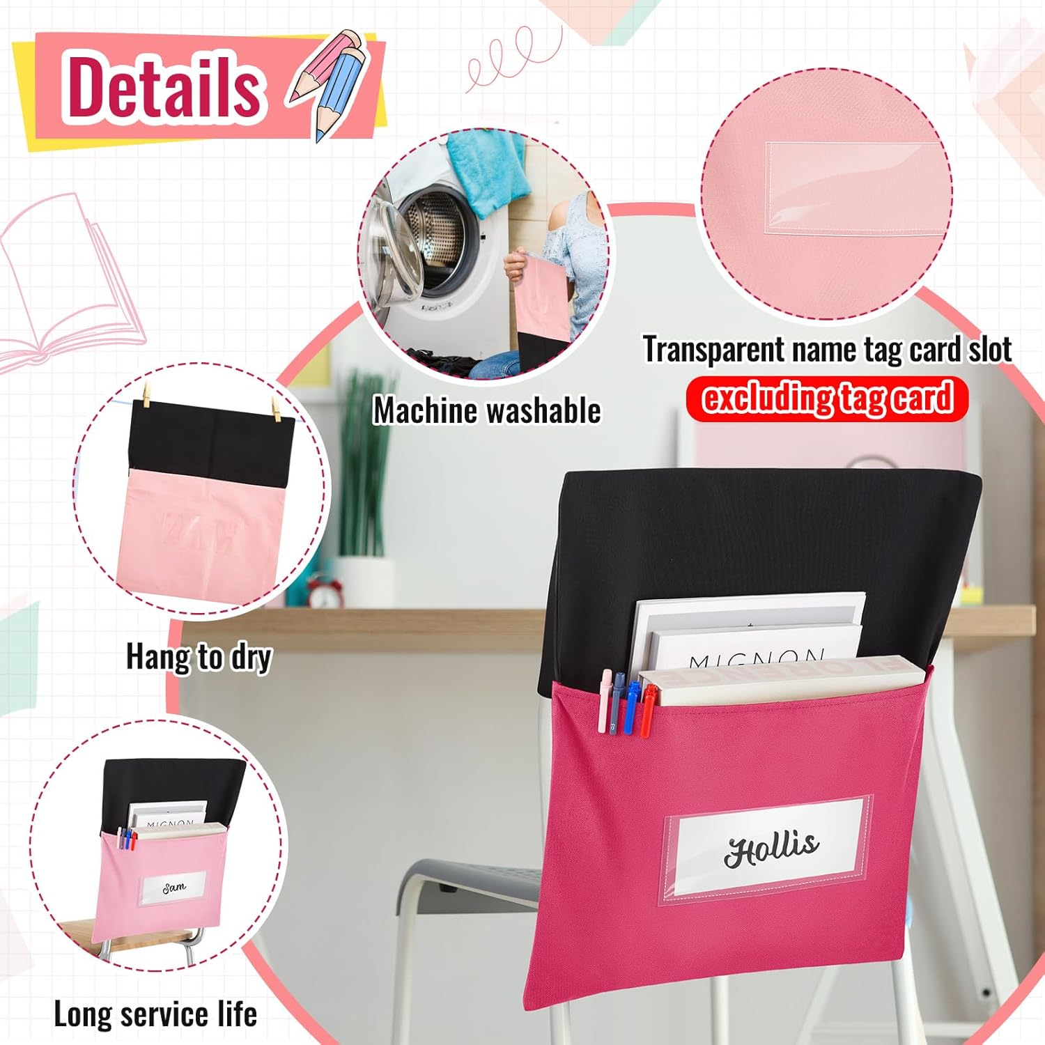 Chair Pockets for Classroom Chairback Pocket Chart 14 x 18 Inch Desk Organizer Pocket Chair Bag for Seat School Classroom(Classic,Pink,16 Pcs)