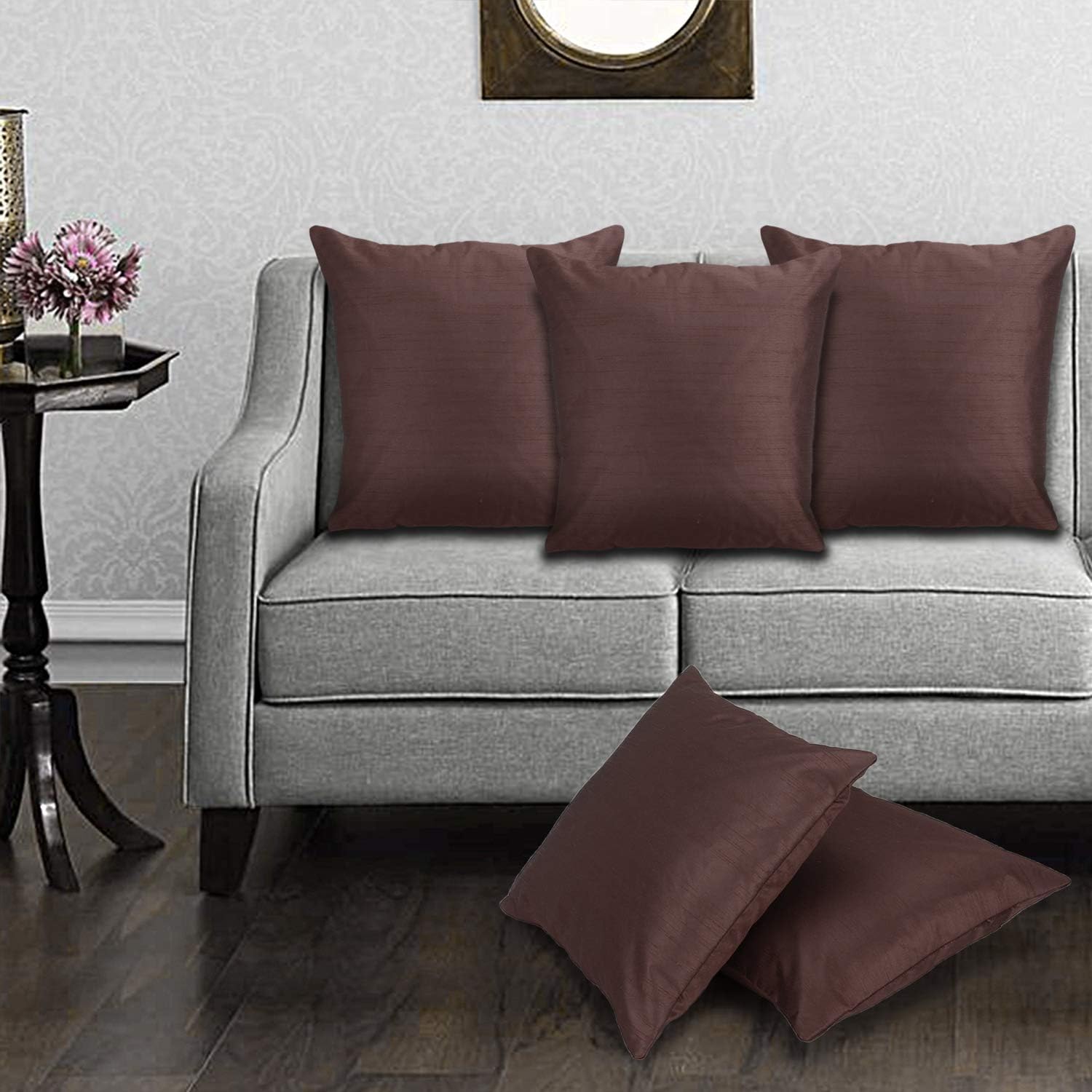Swasiya ™ Plain Dupion Silk Cushion Cover (40x40 cm or 16x16 Inch)- Set of 5 (Plain Dupin Brown)