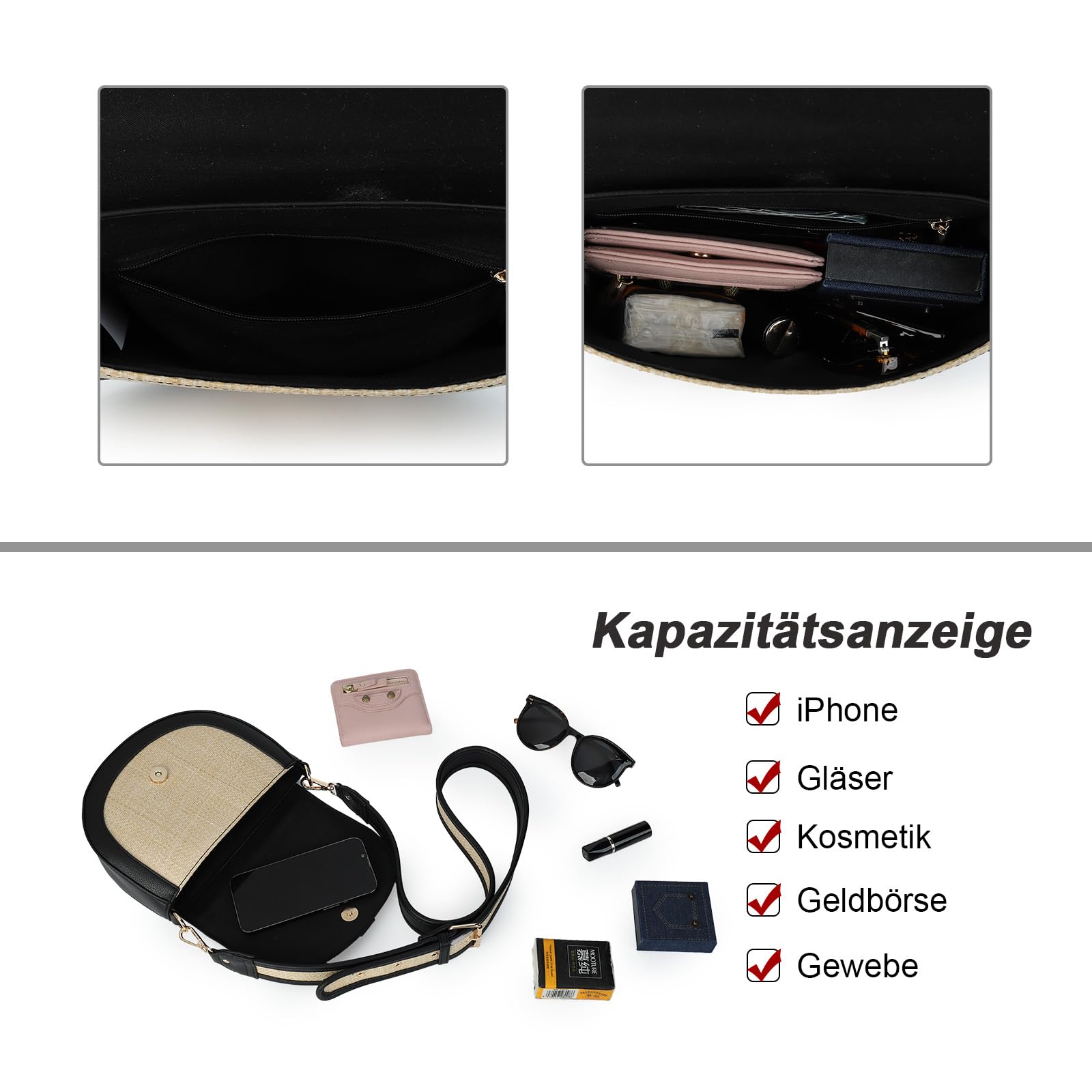 Gladdon damska torba na ramię, mała torebka, torba na ramię, kieszenie na zamek błyskawiczny, słomka/płótno i wegańska skóra, z regulowanym, odpinanym paskiem na ramię