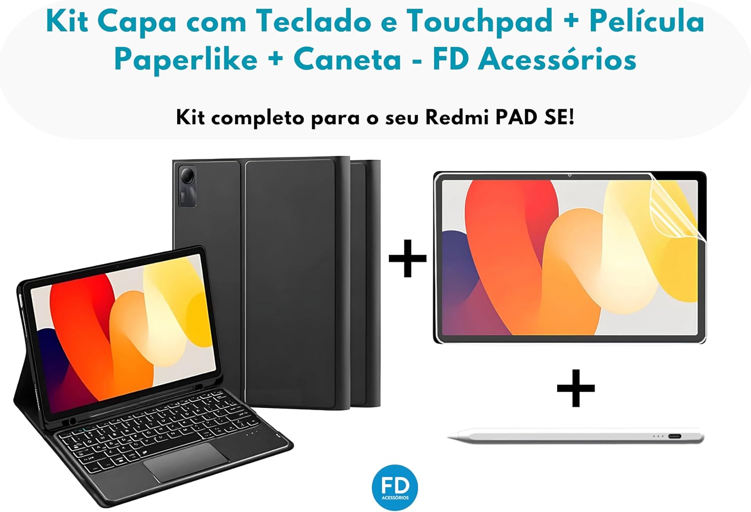 Capa com Teclado para Redmi Pad SE 11" com Mouse Touchpad e Compartimento para Caneta + Película Paperlike para Redmi Pad SE + Caneta Precision - FD Acessórios (Kit Capa + Película + Caneta) Capa com Teclado para Redmi Pad SE 11" com Mouse Touchpad e Compartimento para Caneta + Película Paperlike para Redmi Pad SE + Caneta Precision - FD Acessórios (Kit Capa + Película + Caneta)