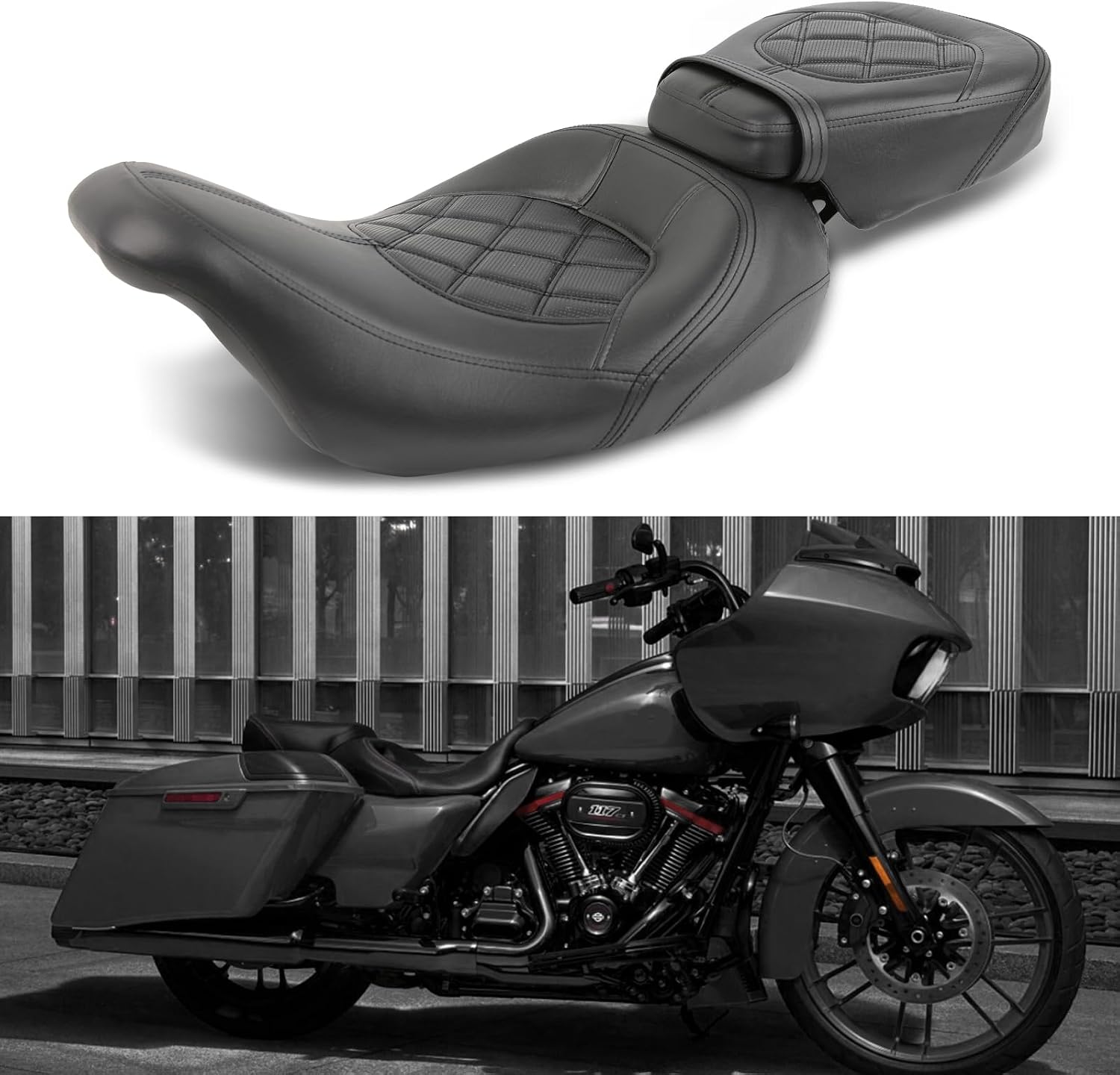 Rich Choices Motorcycle Two Pieces 2-Up Driver Passenger Seat Low Profile Leather Seat Compatible with Harley Touring Road King Street Glide Road Glide Electra Glide CVO 2009-2023