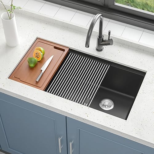 Fregadero de cocina de granito de 33 pulgadas, fregadero de cocina compuesto de un solo tazón con estación de trabajo y accesorios, color negro (33