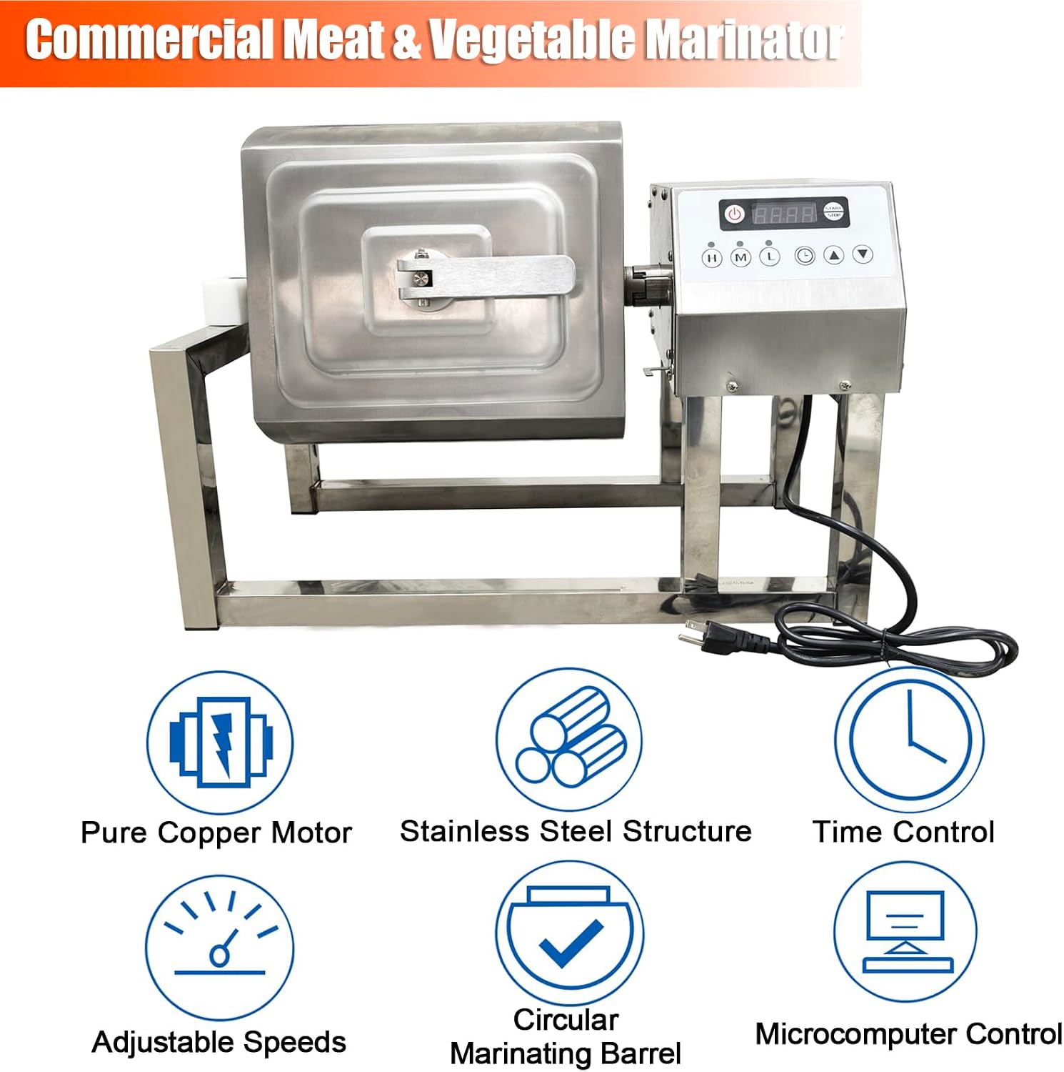 110V Stainless Steel Meat Vegetable Tumbler Marinator, 15L Circular Barrel, 3 Adjustable Speeds, Rotatable Commercial Marinating Machine, 22lbs Food Capacity for Meat, Fishes, Vegetables
