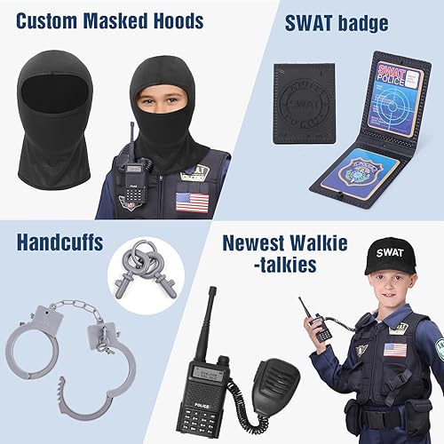Miniatura 5 de Latocos Disfraz de oficial de policía SWAT de 15 piezas para niños con chaleco, accesorios de policía, juego de rol para Halloween y cosplay
