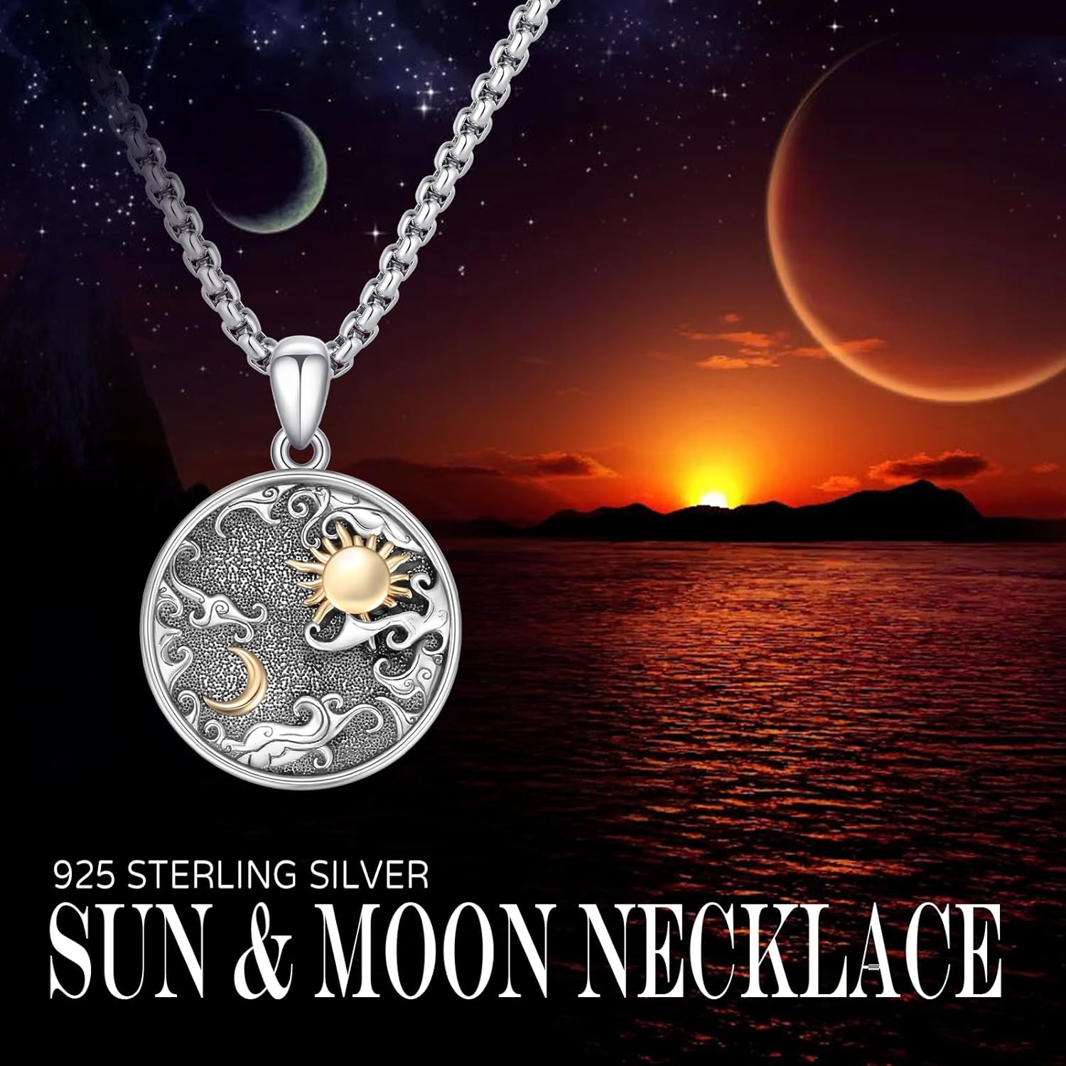 Cuoka Celestial Moon and Sun Necklace for Women,S925 Sterling Silver Oxidize Celestial Lunar Solar Sunburst and Crescent Pendant Necklaces Jewelry for Men - Image 4
