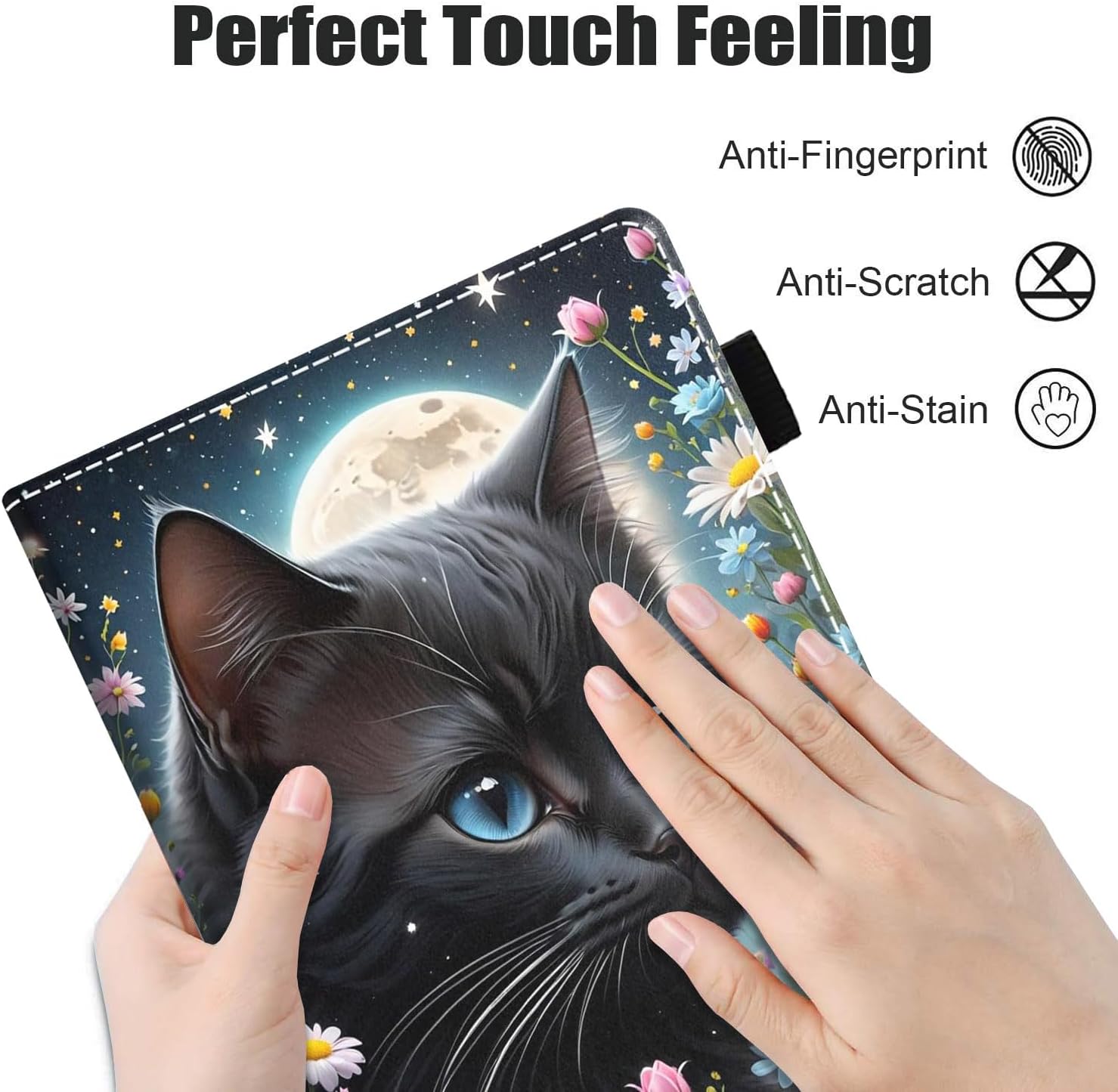Case for Amazon Kindle Fire HD 10 & 10 Plus Tablet 10.1" (13th/11th Generation, 2023/2021 Release), PU Leather Stand Flip Cover with Card Slot & Pencil Holder, Black Cat Under The Moon