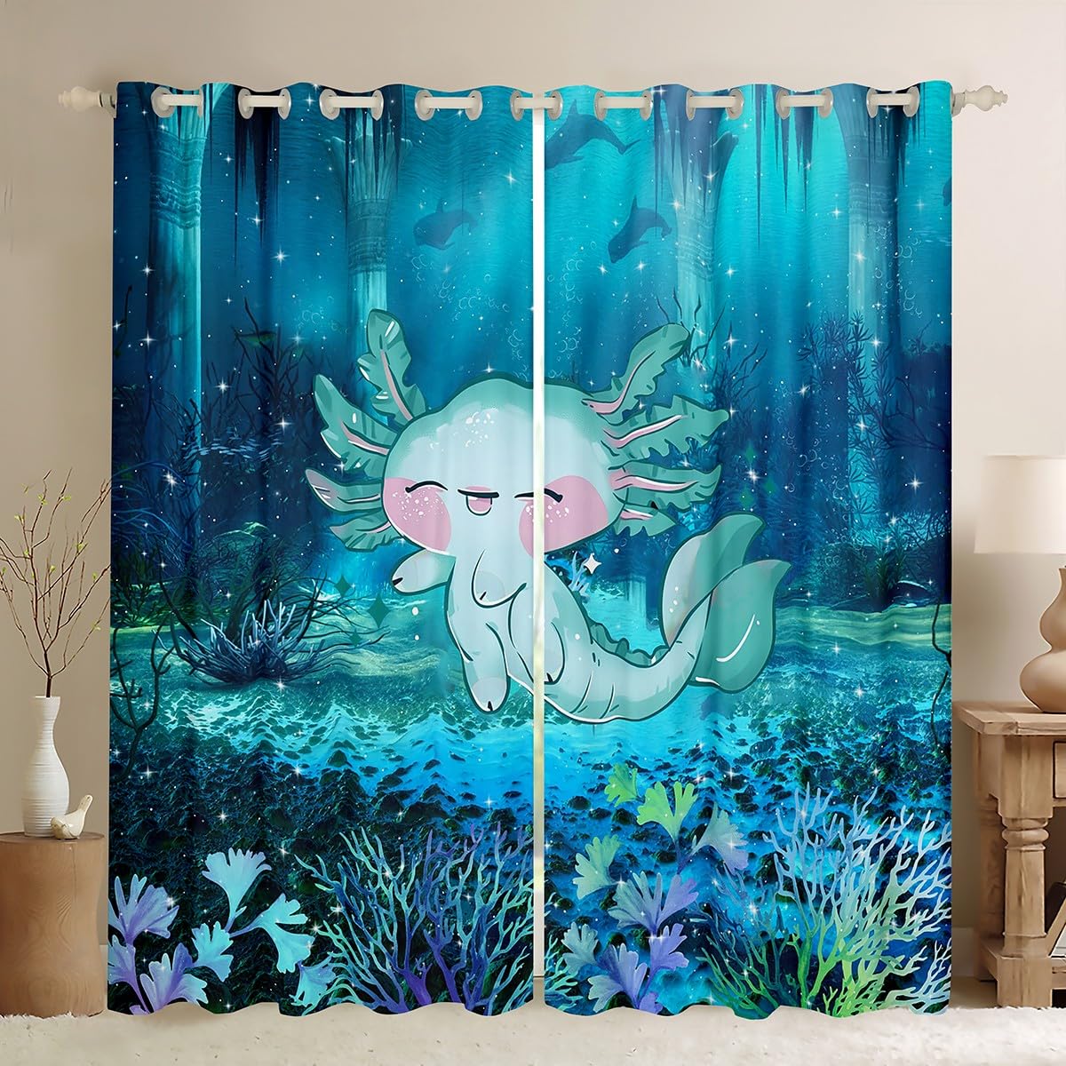 Rideau occultant axolotl pour bloquer la lumière de la fenêtre du salon et chambre