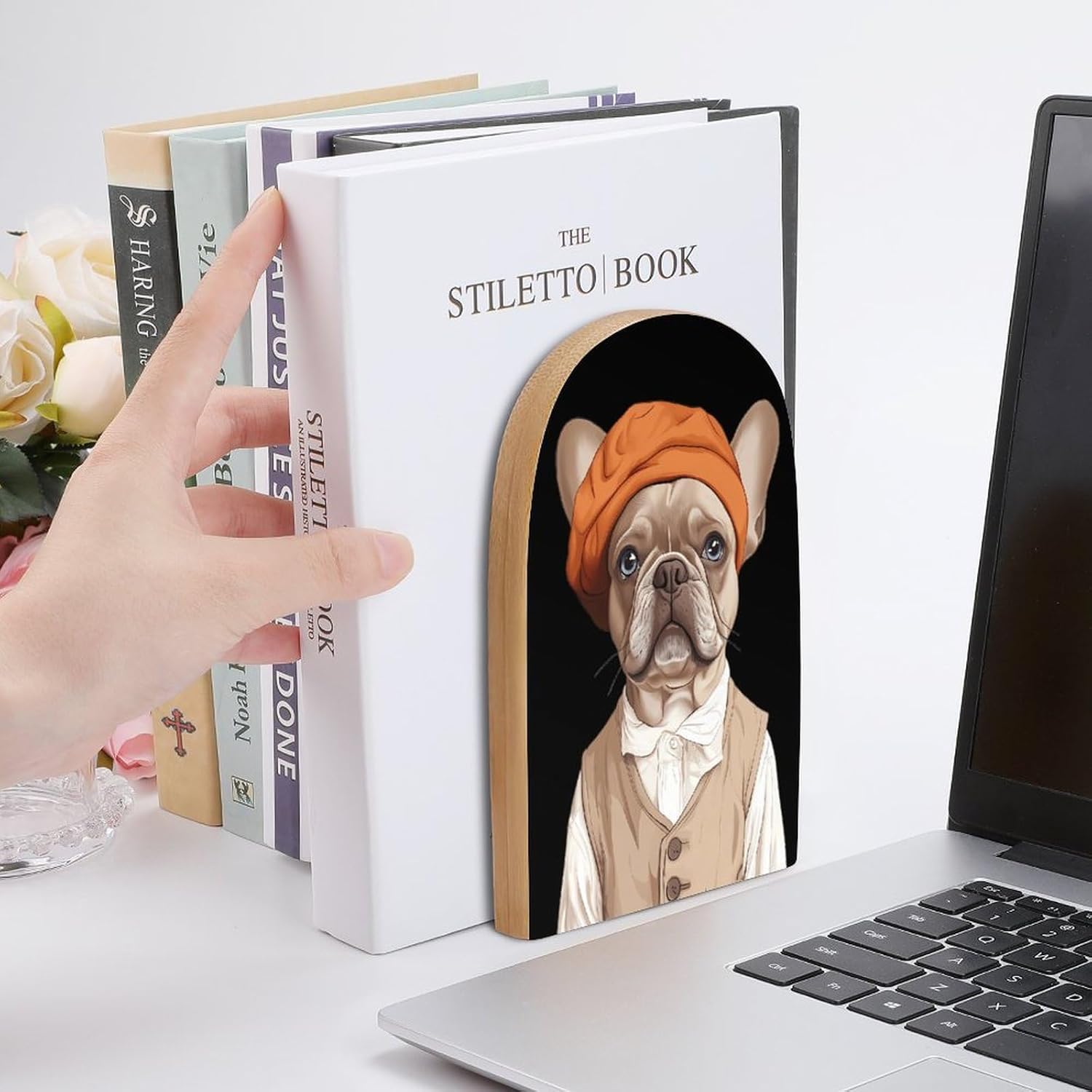 French Bulldog Cute Cute Wood Book Ends Decorative Bookends 1 Pair Non-Skid for Shelves Home Office 7 X 5 Inch