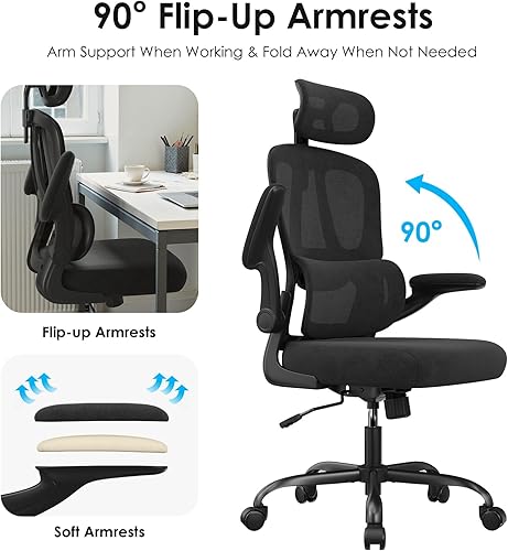 Miniatura 7 de Ergonomic Office Chair with Headrest Lumbar Support High Back Mesh Desk Chair 350 LBS Heavy Duty Adjustable Swivel Chair with Flip-Up Armrests