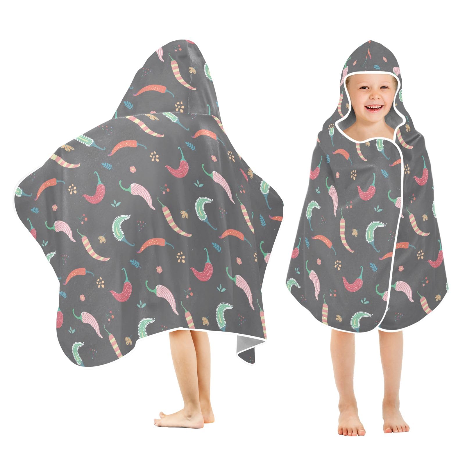 WIFIU Kids Hooded Beach Towel Colorful Chili Pepper Printed for Toddler Boys Girls, Soft Absorbent Bath Swimming Towels 30x50 Inches