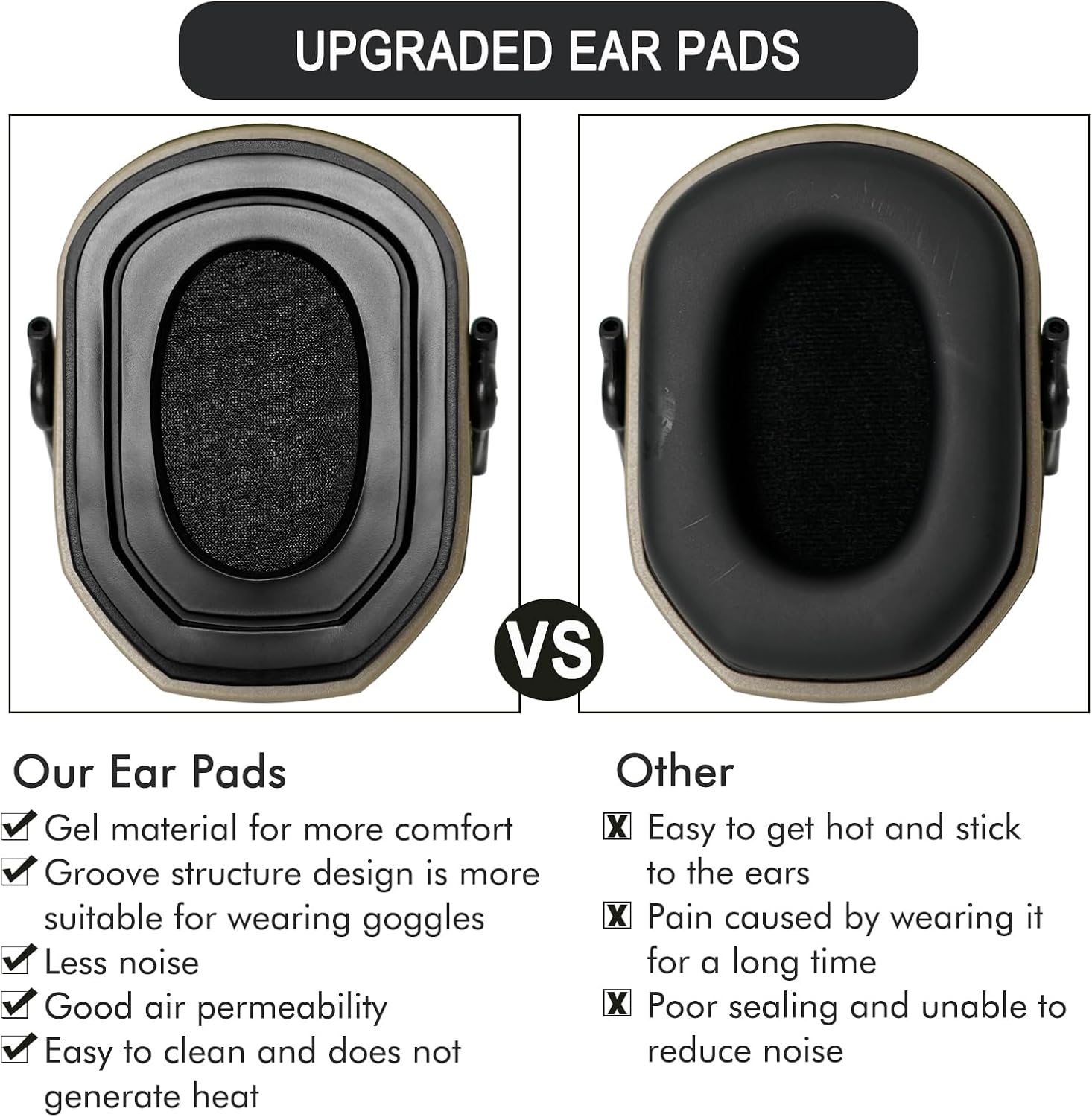 Gel Ear Pads for Walker's Razor Earmuffs Replacement Silicone Ear Cup Black