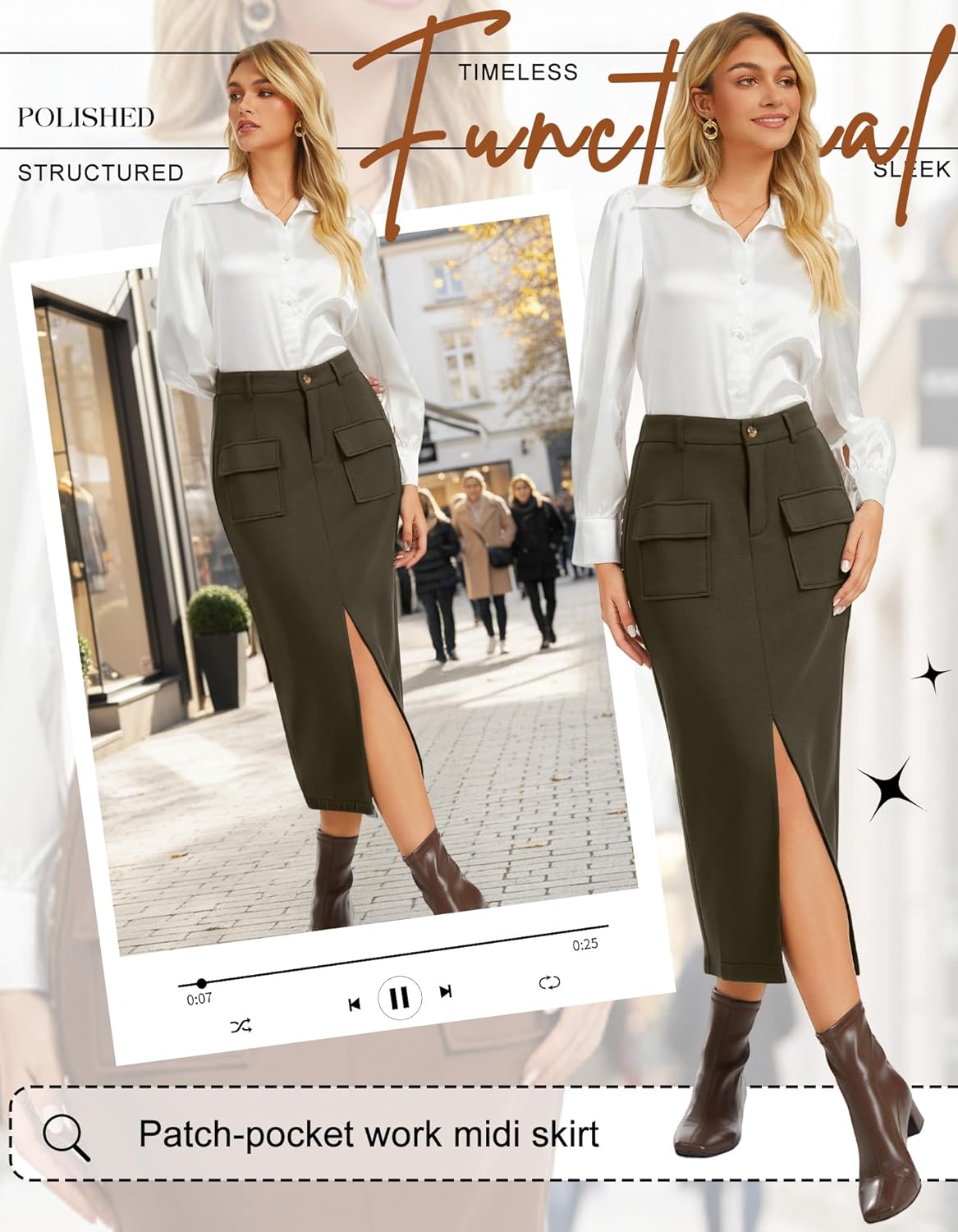 Womens Midi Pencil Skirt Spring High Waist Cargo Skirt with Pockets Summer Slit Dressy Casual Business Long Skirts