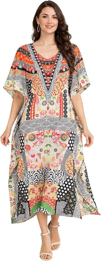 Miss Lavish London Long Kaftan Dress for Women - Summer Printed Plus Size Maxi Caftan, Beach Cover Up, Swimwear Coverup, Resort Wear, Lounge Party Dress, Hawaii Vacation Outfit- Black- One Size
