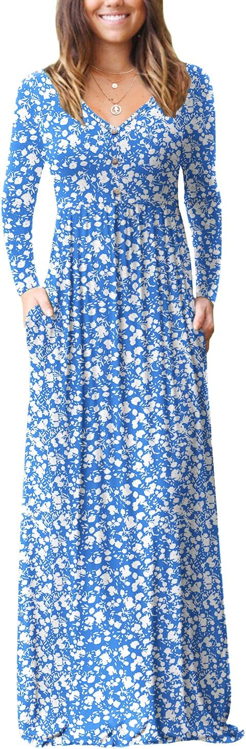 GRECERELLE Womens Long Sleeve V Neck Casual Button Maxi Dress 2025 with Pockets